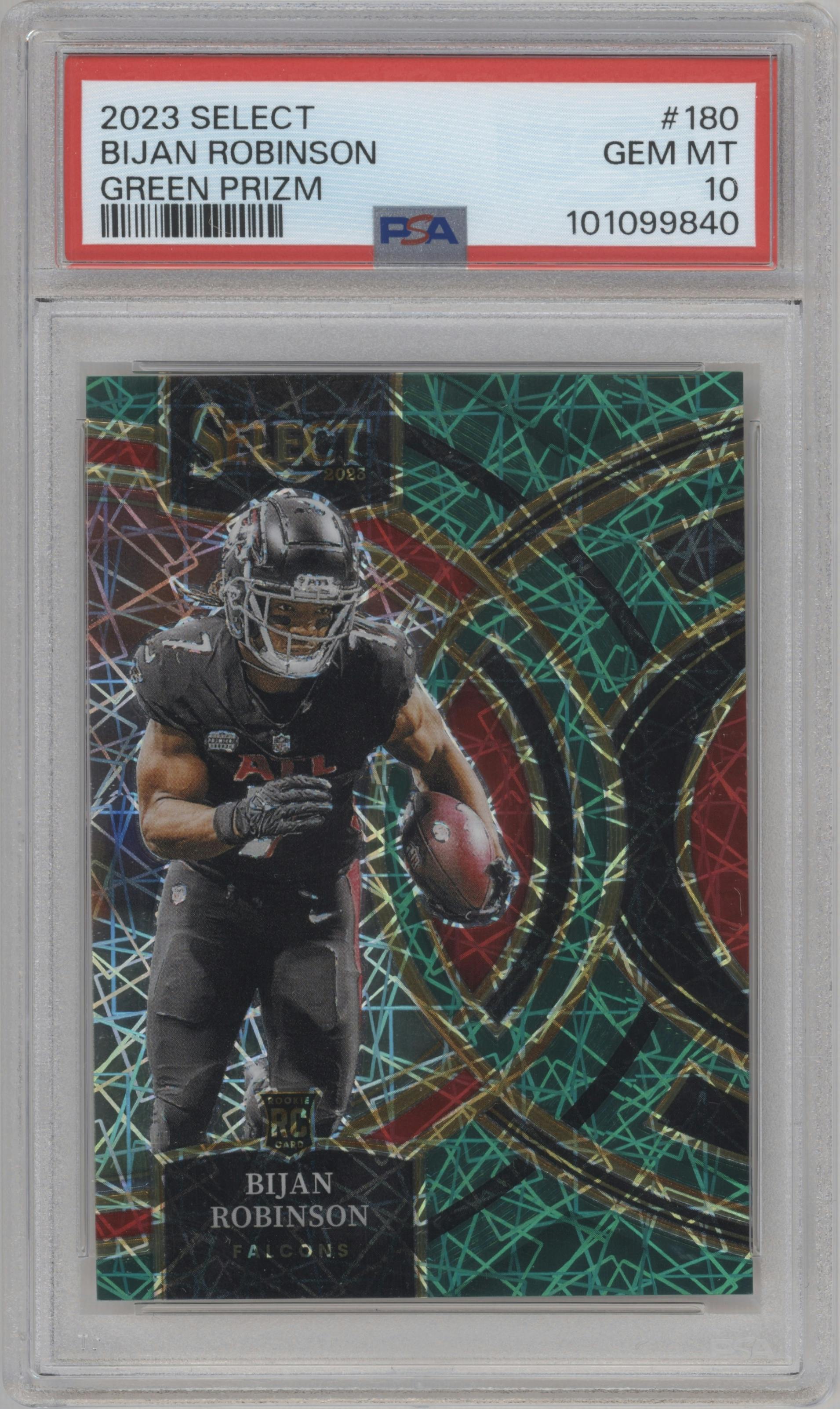 Bijan Robinson from the 2023 Panini Select set featuring a Green Prizm parallel graded by PSA and given an overall grade of 10.