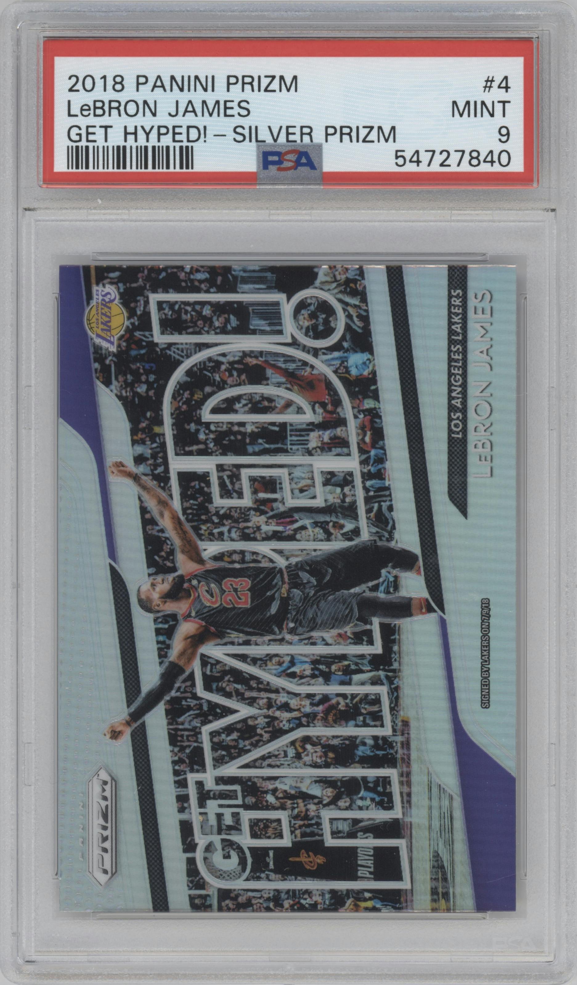 LeBron James from the 2018-19 Panini Prizm set featuring a Silver Prizm parallel graded by PSA and given an overall grade of 9.