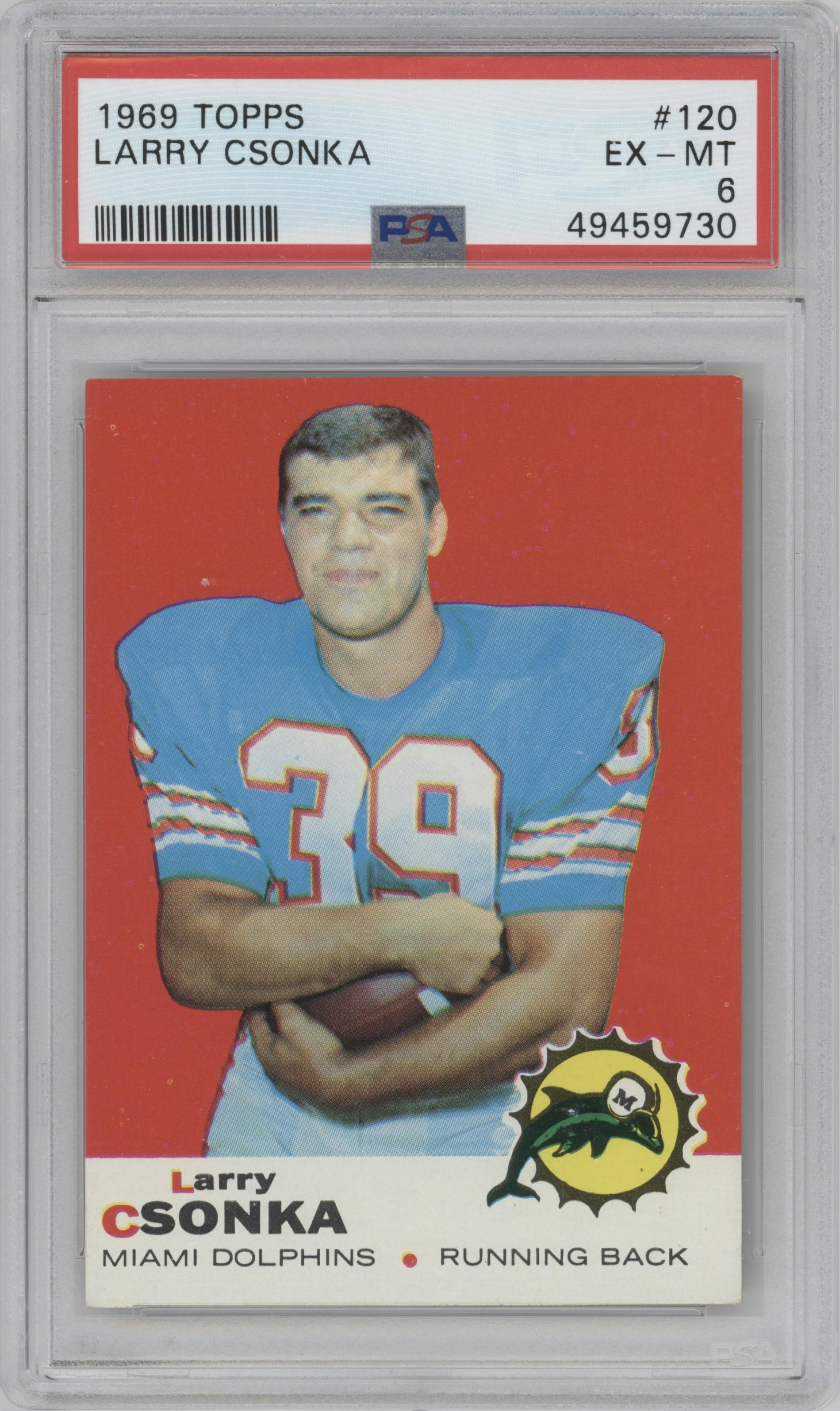 Larry Csonka from the 1969 Topps set graded by PSA and given an overall grade of 6.