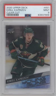 Kirill Kaprizov from the 2020-21 Upper Deck Series 2 set featuring a Clear Cut parallel graded by PSA and given an overall grade of 9.