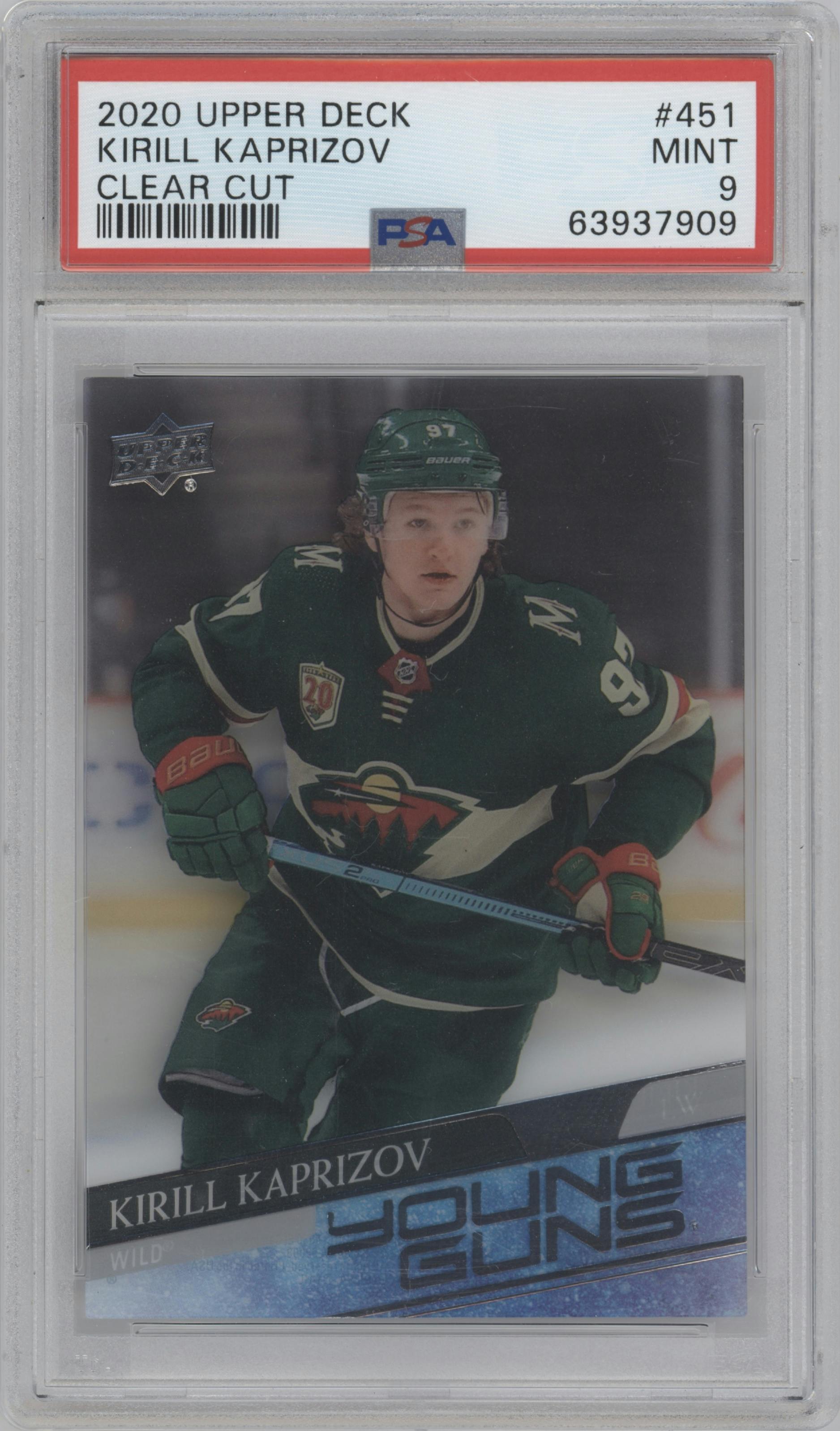Kirill Kaprizov from the 2020-21 Upper Deck Series 2 set featuring a Clear Cut parallel graded by PSA and given an overall grade of 9.