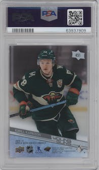 Kirill Kaprizov from the 2020-21 Upper Deck Series 2 set featuring a Clear Cut parallel graded by PSA and given an overall grade of 9.