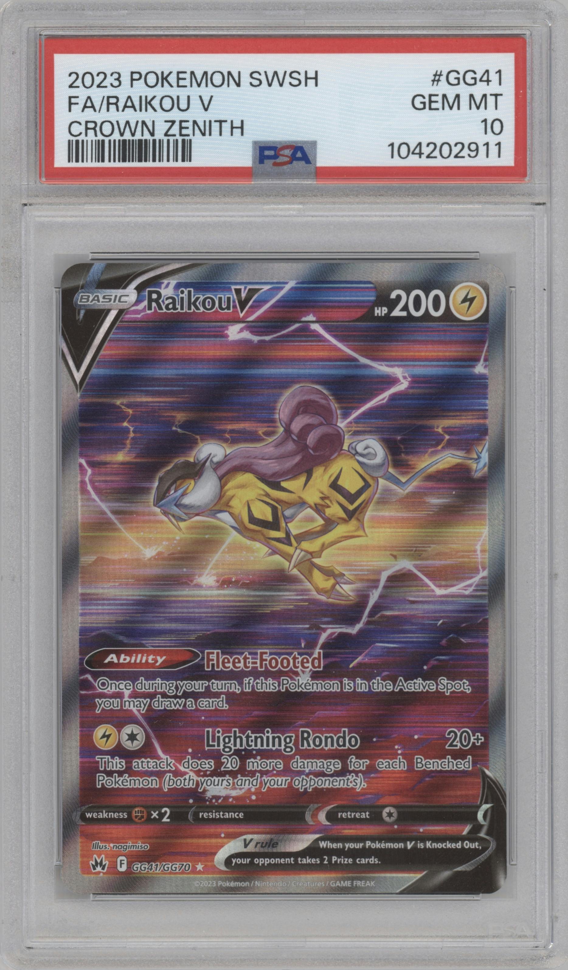 Raikou V from the 2023 Pokemon SWSH set graded by PSA and given an overall grade of 10.
