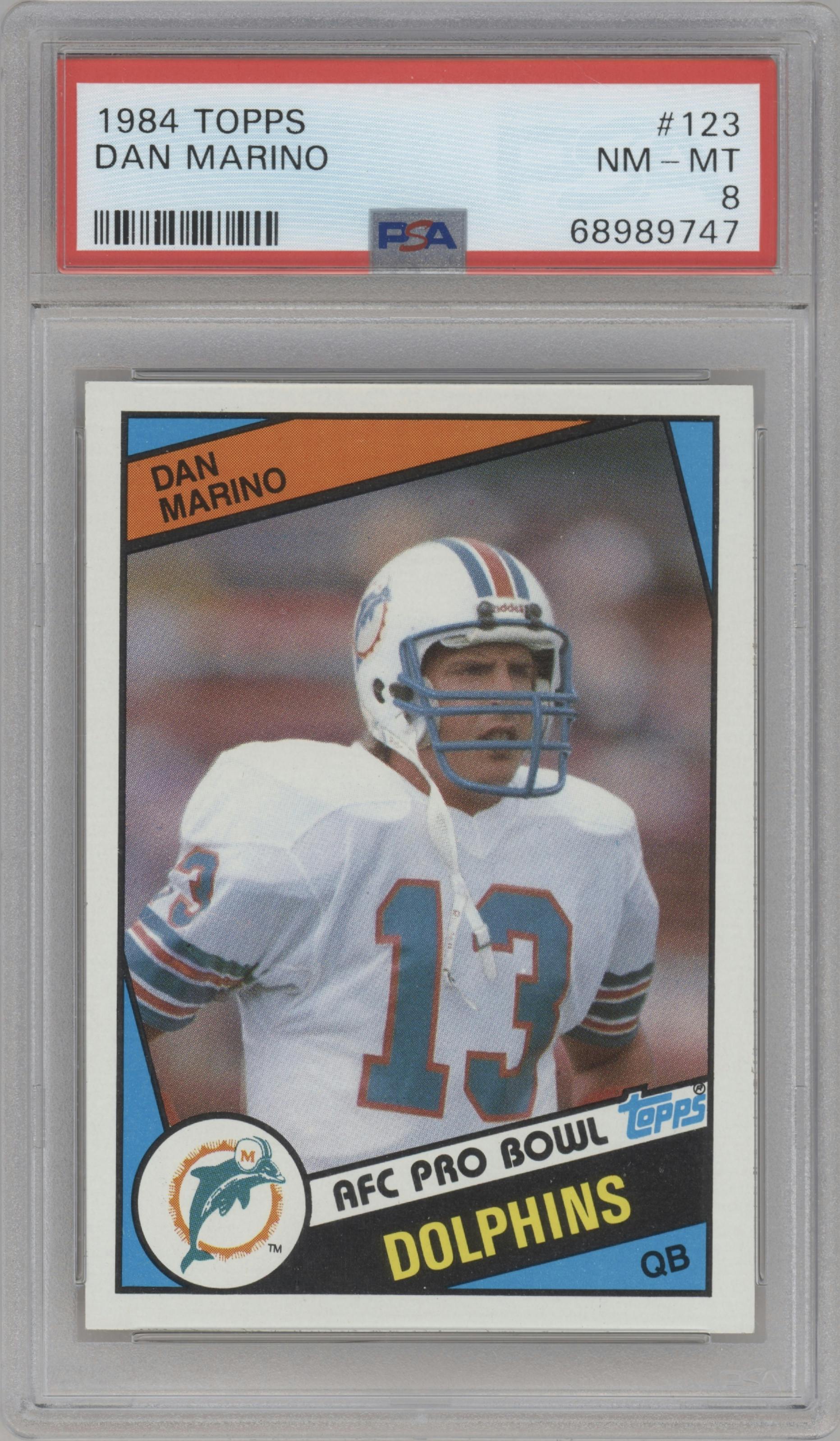 Dan Marino from the 1984 Topps set graded by PSA and given an overall grade of 8.