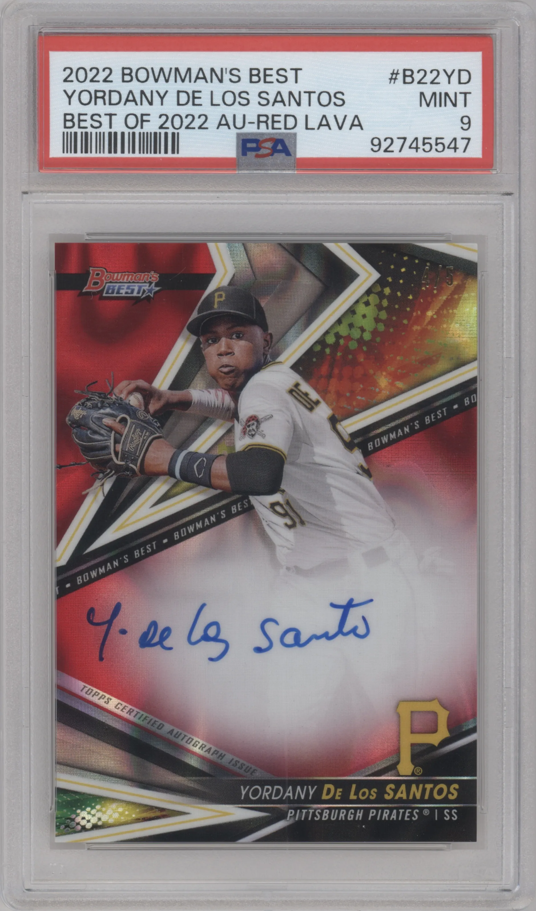 2022 Bowman’s Best Best of 2022 Auto Yordany De Los Santos Red Lava Refractor PSA 9