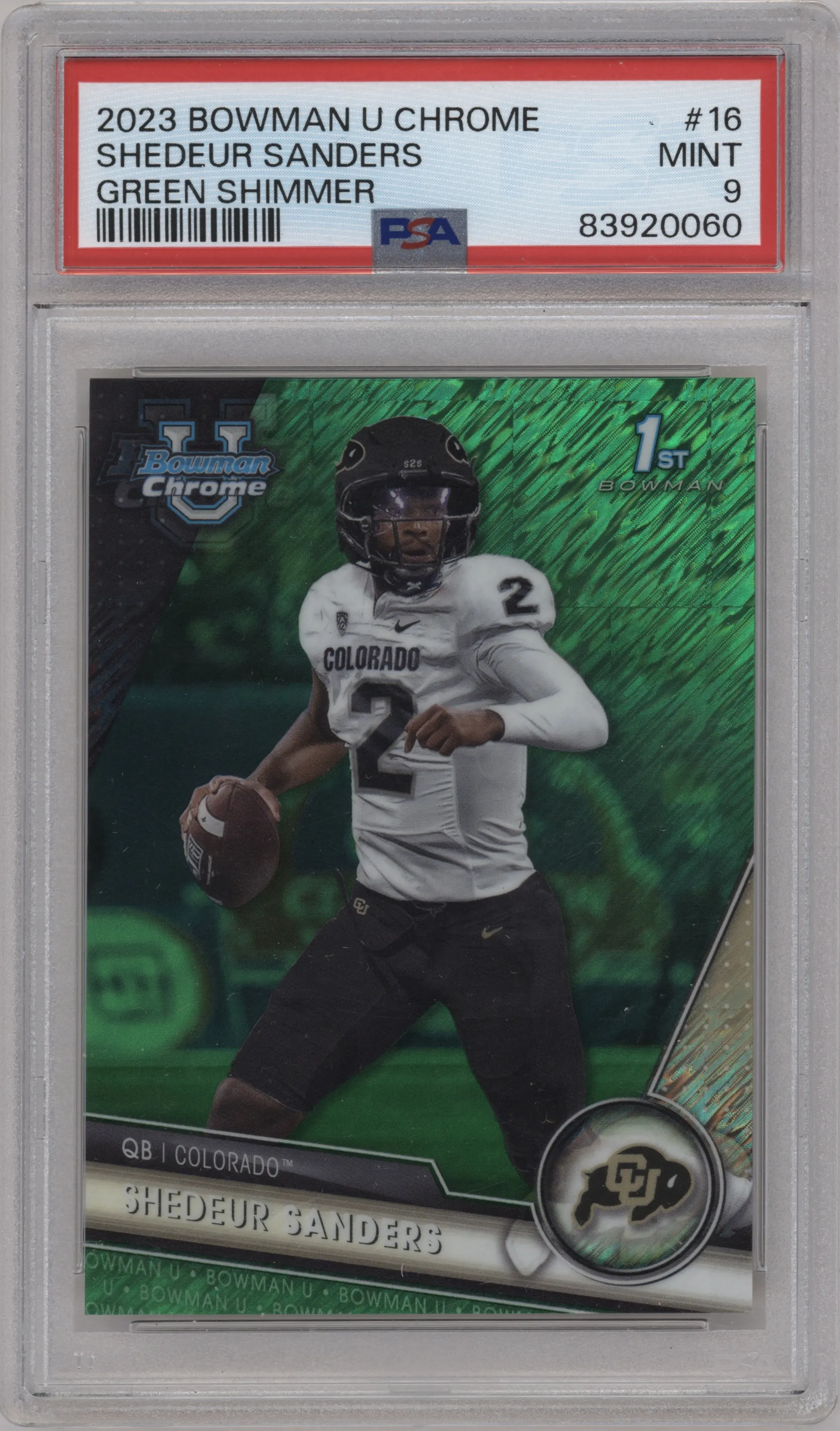 2023 Bowman Chrome University Shedeur Sanders Green Shimmer PSA 9