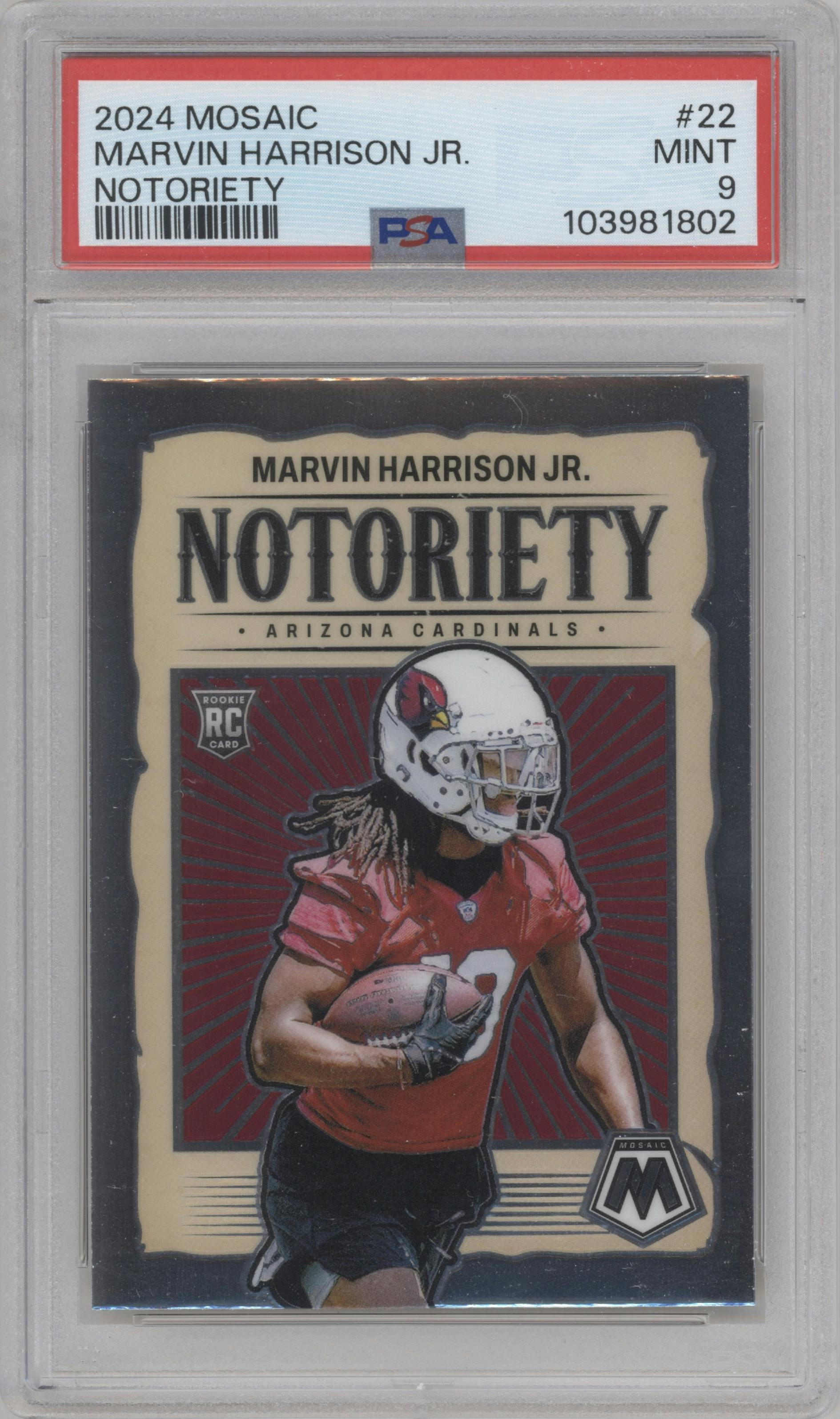 Marvin Harrison Jr. from the 2024 Panini Mosaic set graded by PSA and given an overall grade of 9.