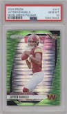 Jayden Daniels from the 2024 Panini Prizm set featuring a Neon Green Pulsar  parallel graded by PSA and given an overall grade of 10.
