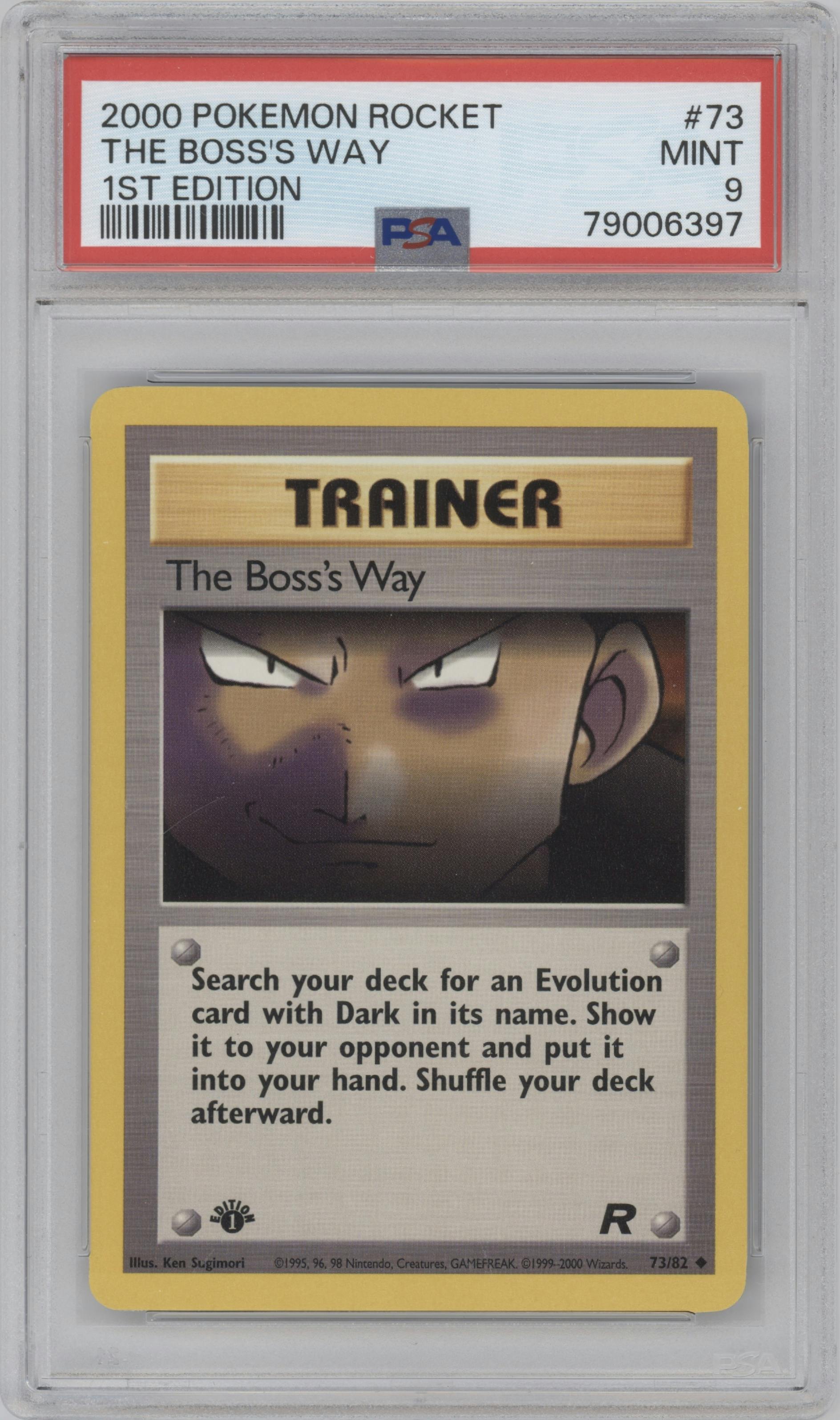 The Boss's Way from the 2000 Pokemon set graded by PSA and given an overall grade of 9.