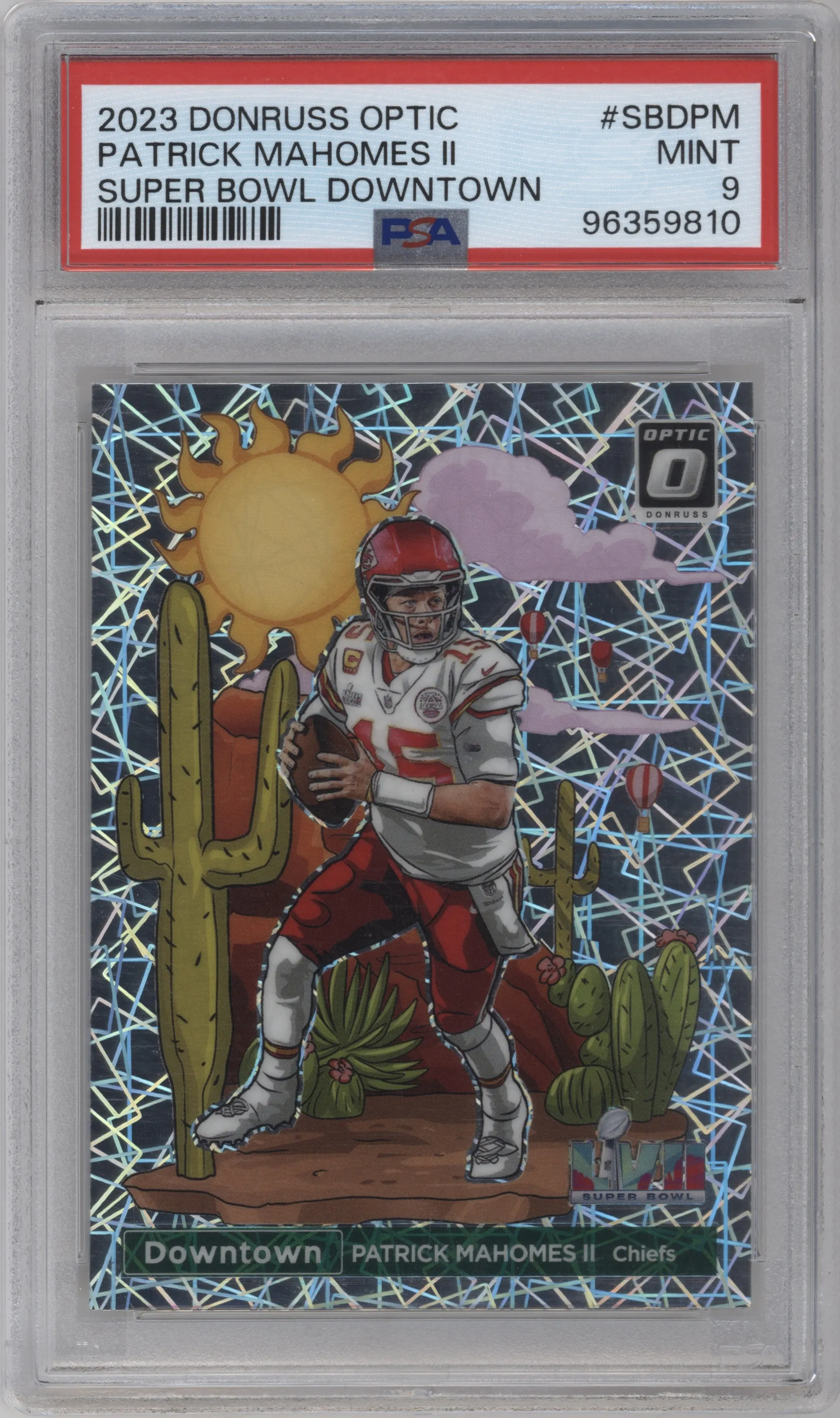 Patrick Mahomes II from the 2023 Donruss Optic set graded by PSA and given an overall grade of 9.