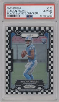 Hendon Hooker from the 2023 Panini Prizm set featuring a Black/White Checker parallel graded by PSA and given an overall grade of 10.