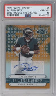 Jalen Hurts from the 2020 Panini Honors set featuring a Orange parallel graded by PSA and given an overall grade of 10.