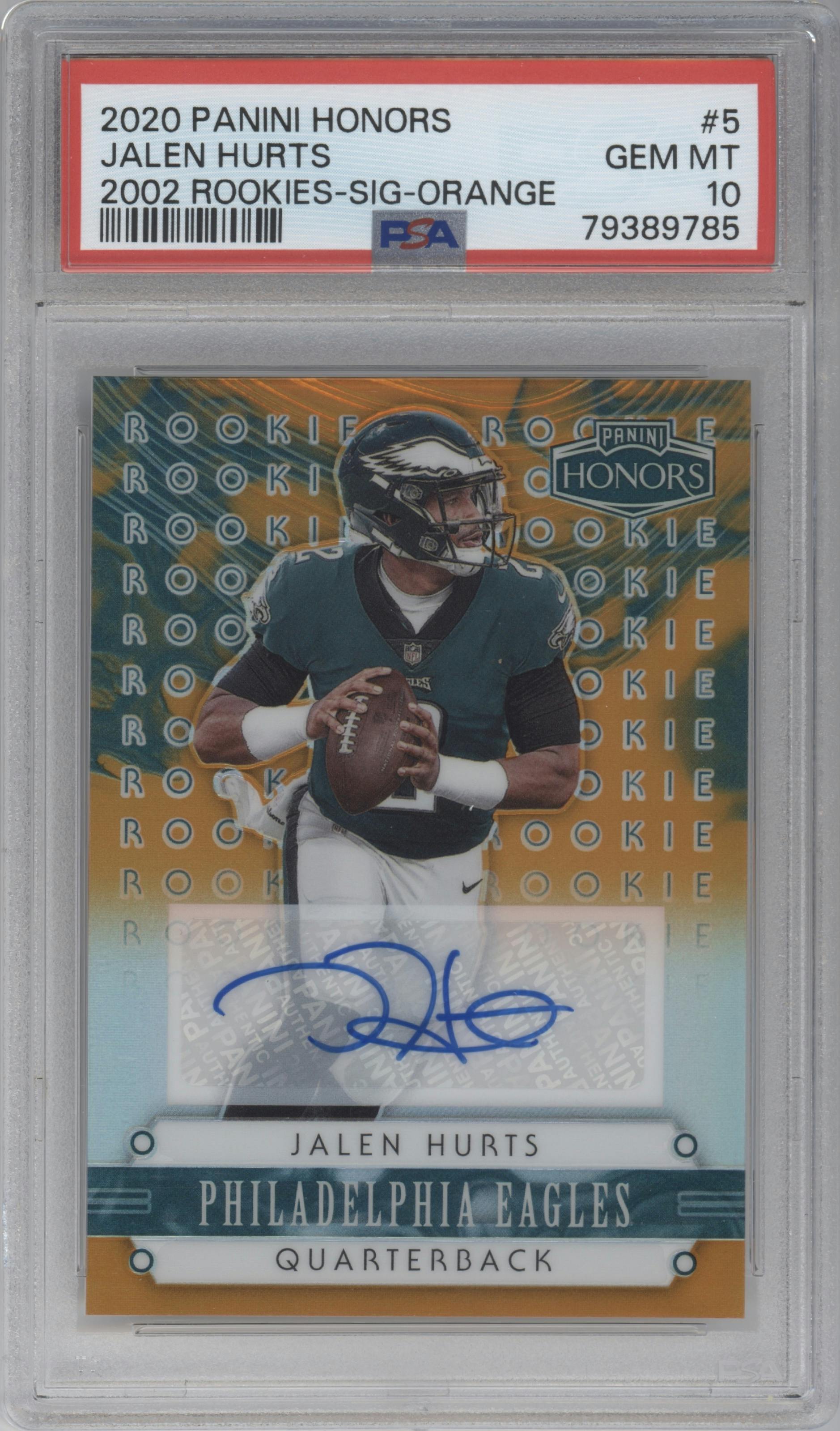 Jalen Hurts from the 2020 Panini Honors set featuring a Orange parallel graded by PSA and given an overall grade of 10.