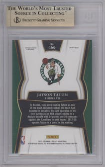 Jayson Tatum from the 2017-18 Panini Select set featuring a Silver Prizm parallel graded by Beckett and given an overall grade of 9.5.