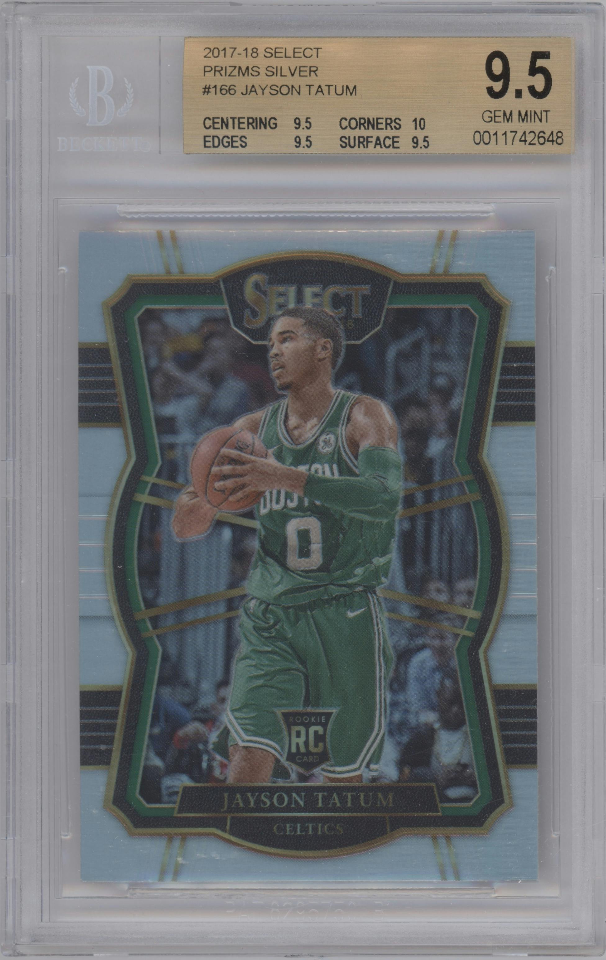 Jayson Tatum from the 2017-18 Panini Select set featuring a Silver Prizm parallel graded by Beckett and given an overall grade of 9.5.