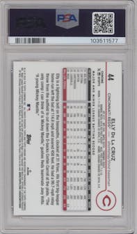 Elly De La Cruz from the 2024 Topps Chrome set featuring a Purple Sonar Refractor parallel graded by PSA and given an overall grade of 10.
