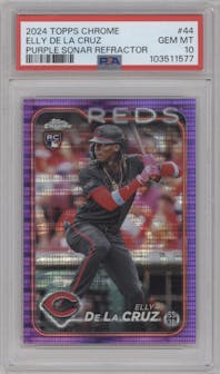 Elly De La Cruz from the 2024 Topps Chrome set featuring a Purple Sonar Refractor parallel graded by PSA and given an overall grade of 10.