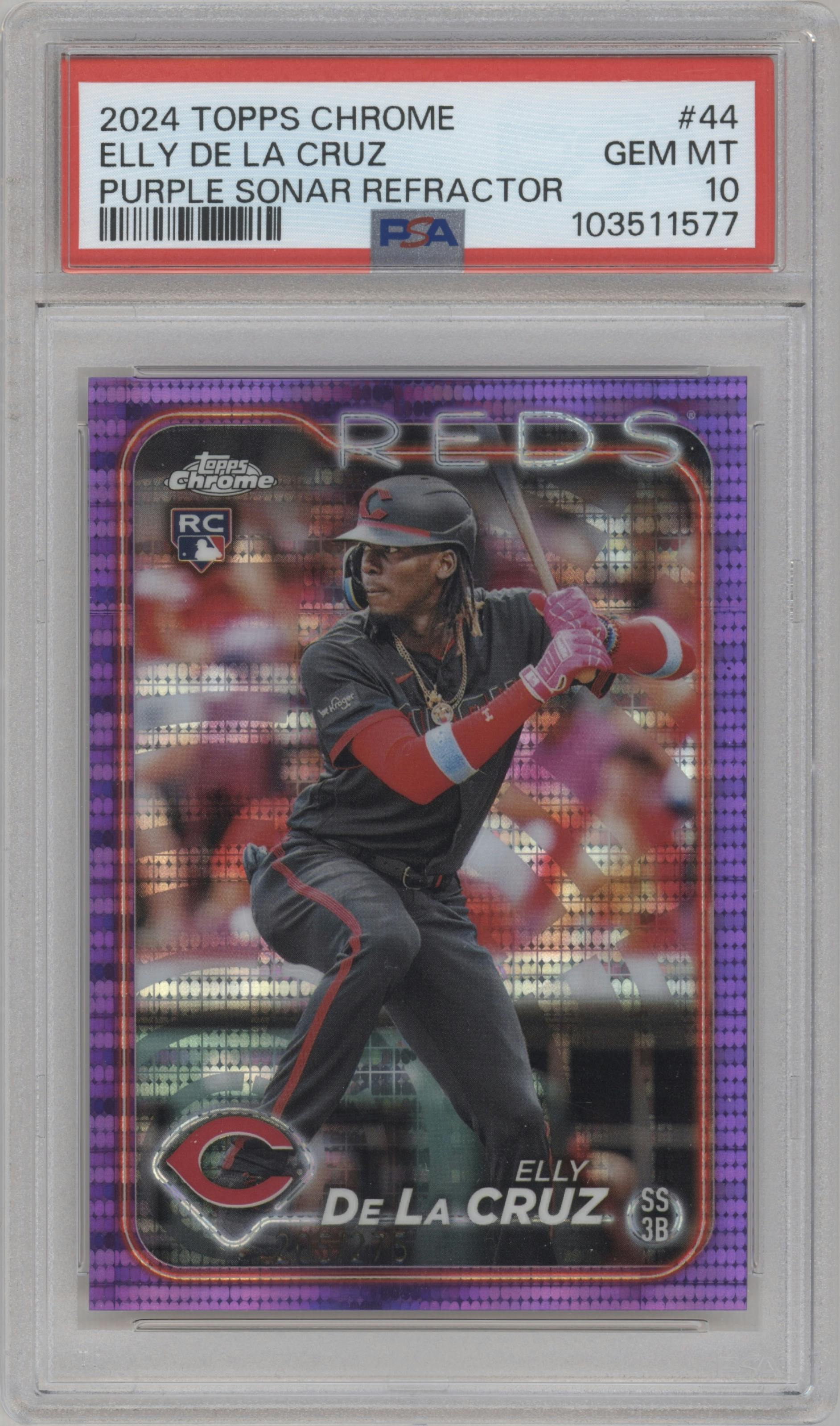 Elly De La Cruz from the 2024 Topps Chrome set featuring a Purple Sonar Refractor parallel graded by PSA and given an overall grade of 10.