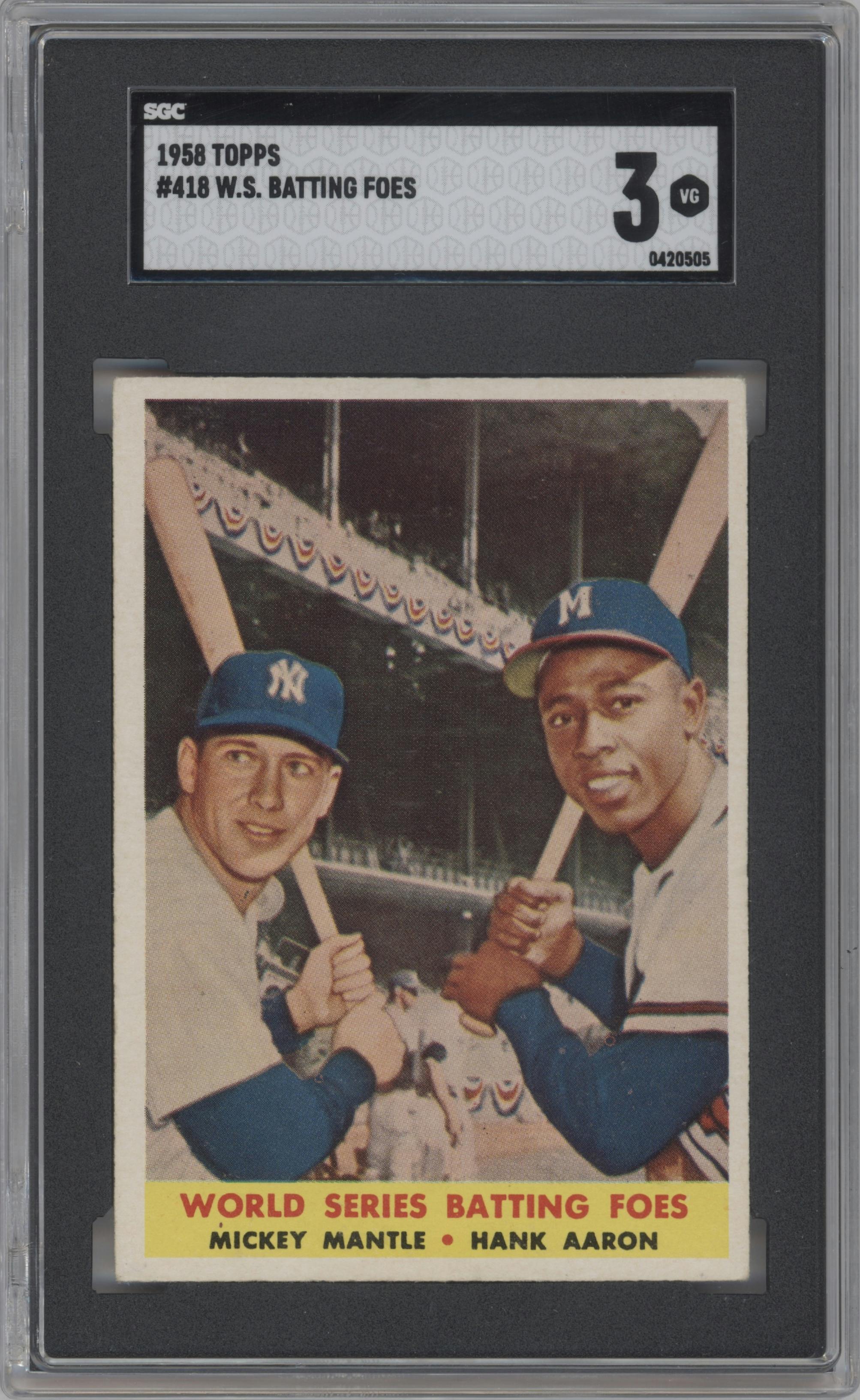 Mickey Mantle/Hank Aaron from the 1958 Topps set graded by SGC and given an overall grade of 3.