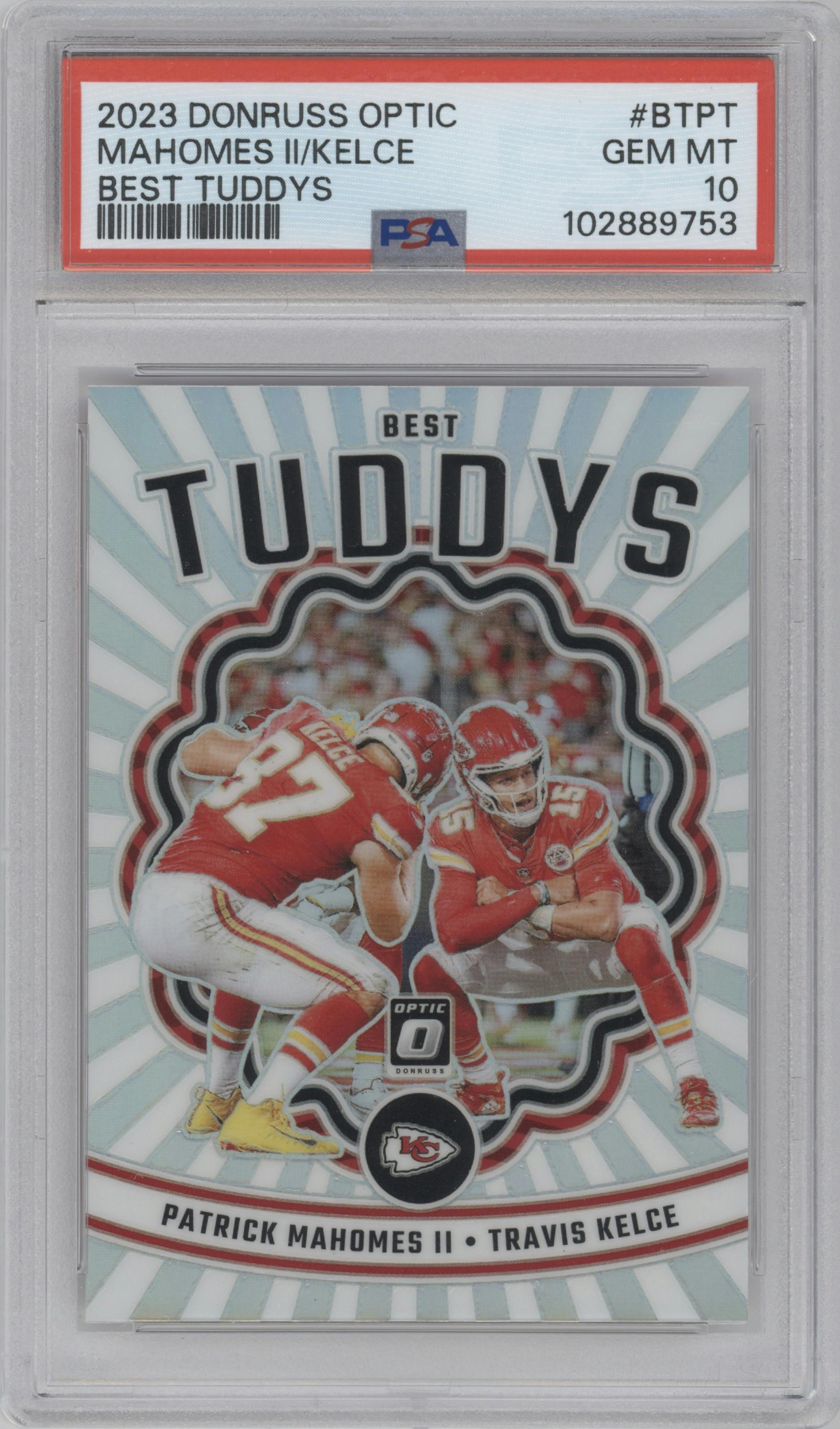 Patrick Mahomes II/Travis Kelce from the 2023 Donruss Optic set graded by PSA and given an overall grade of 10.
