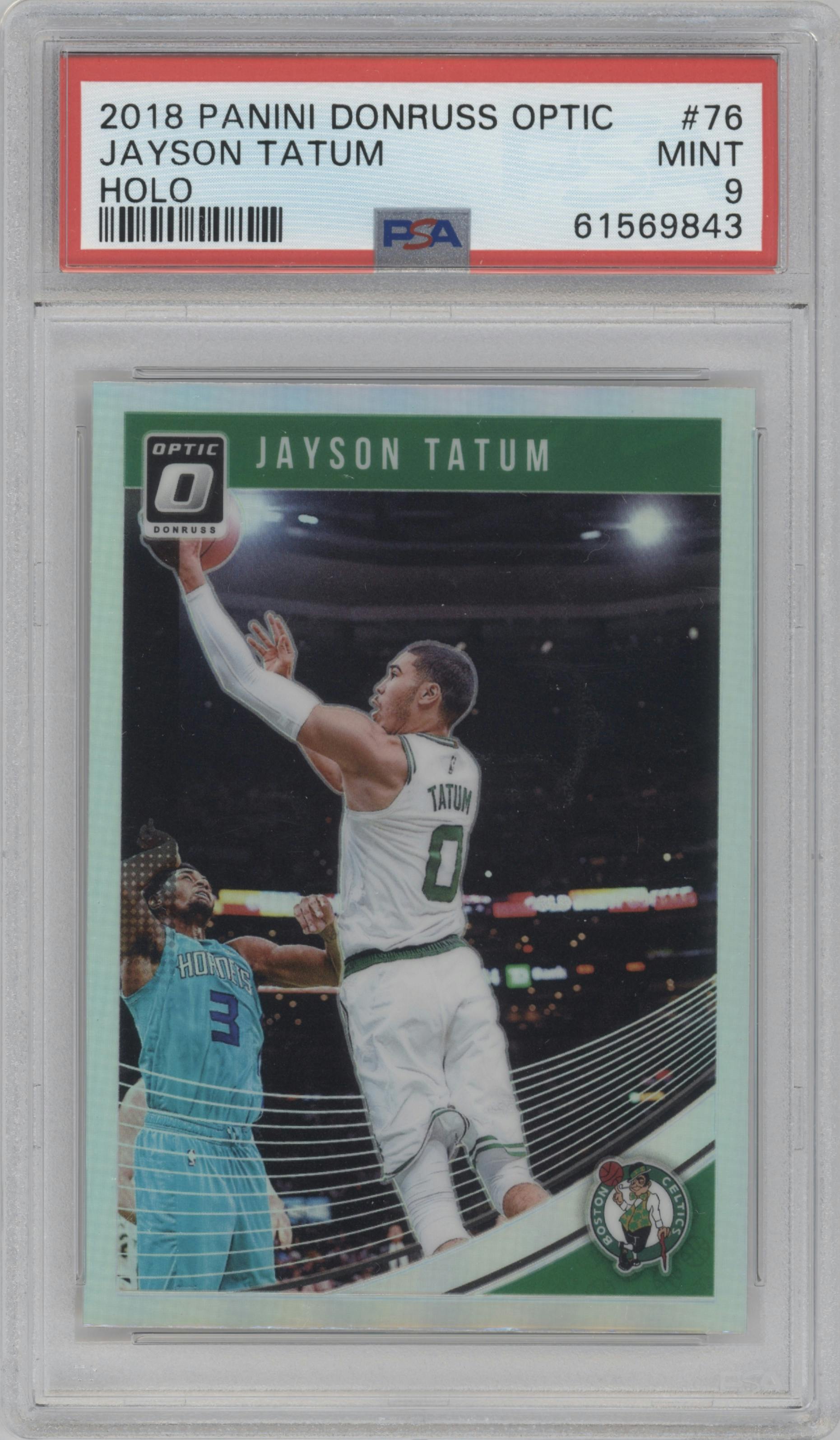 Jayson Tatum from the 2018-19 Panini Donruss Optic set featuring a Holo parallel graded by PSA and given an overall grade of 9.