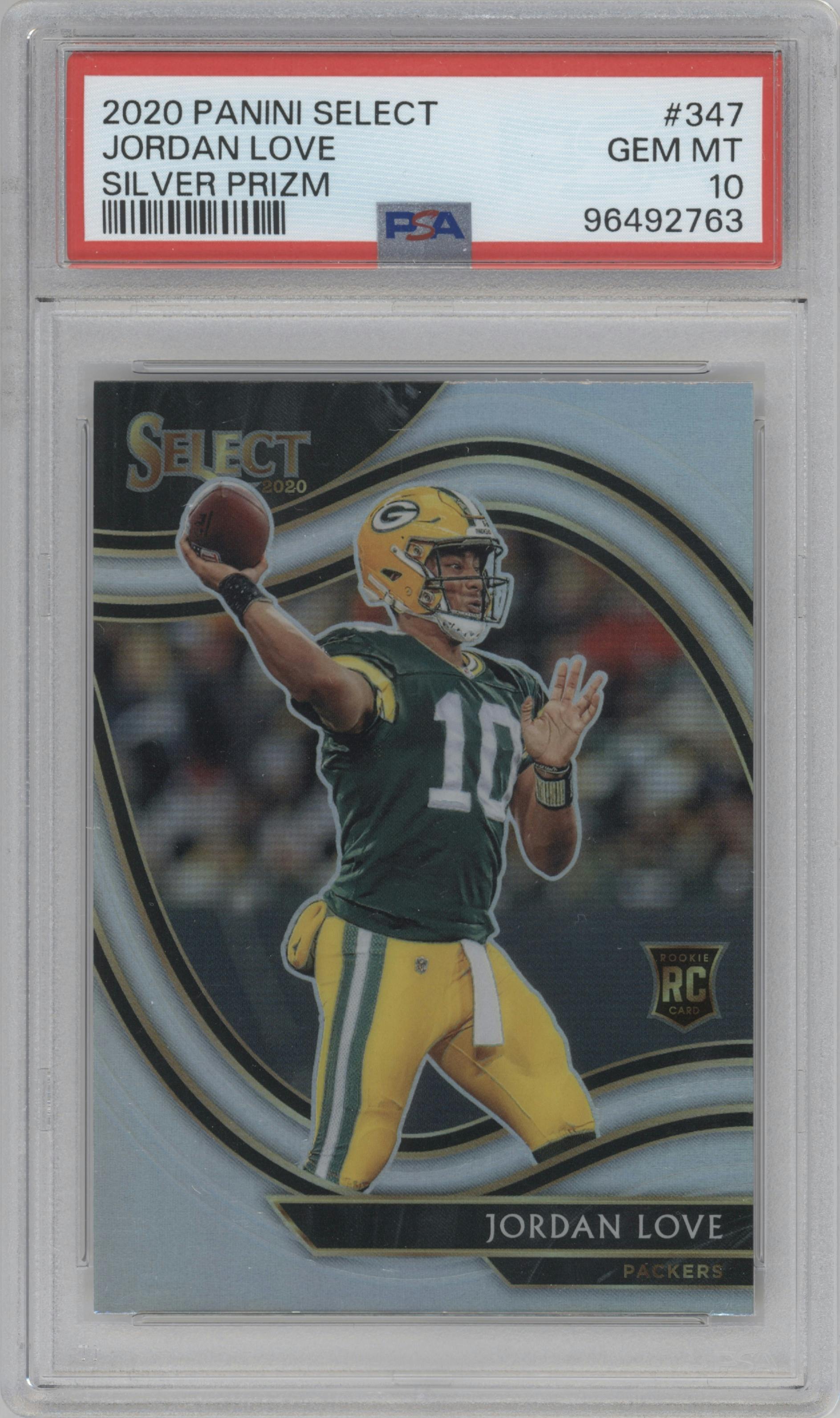 Jordan Love from the 2020 Panini Select set featuring a Silver Prizm parallel graded by PSA and given an overall grade of 10.