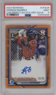 German Ramirez from the 2024 Bowman set featuring a Orange Wave Refractor parallel graded by PSA and given an overall grade of 9.