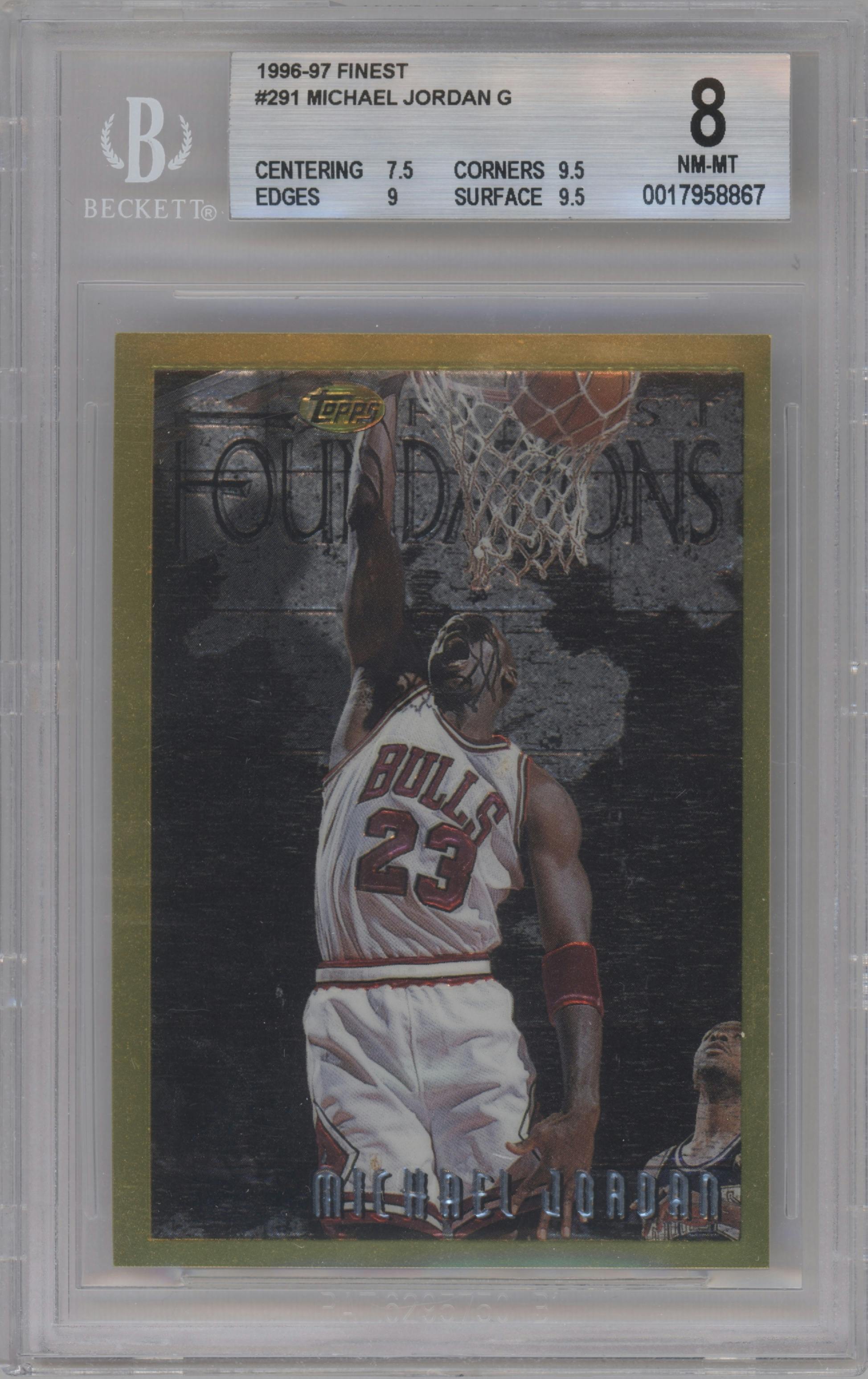 Michael Jordan from the 1996-97 Topps Finest set graded by Beckett and given an overall grade of 8.