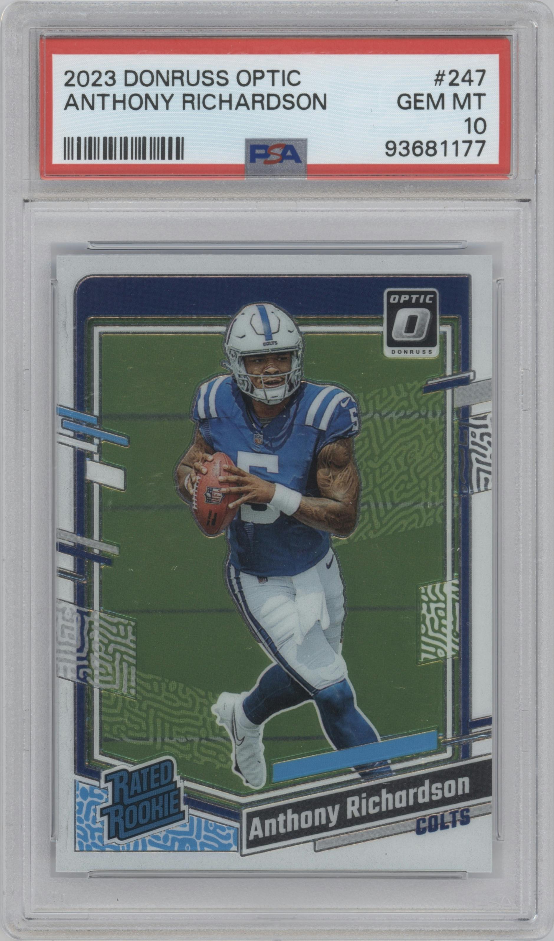 Anthony Richardson from the 2023 Donruss Optic set graded by PSA and given an overall grade of 10.