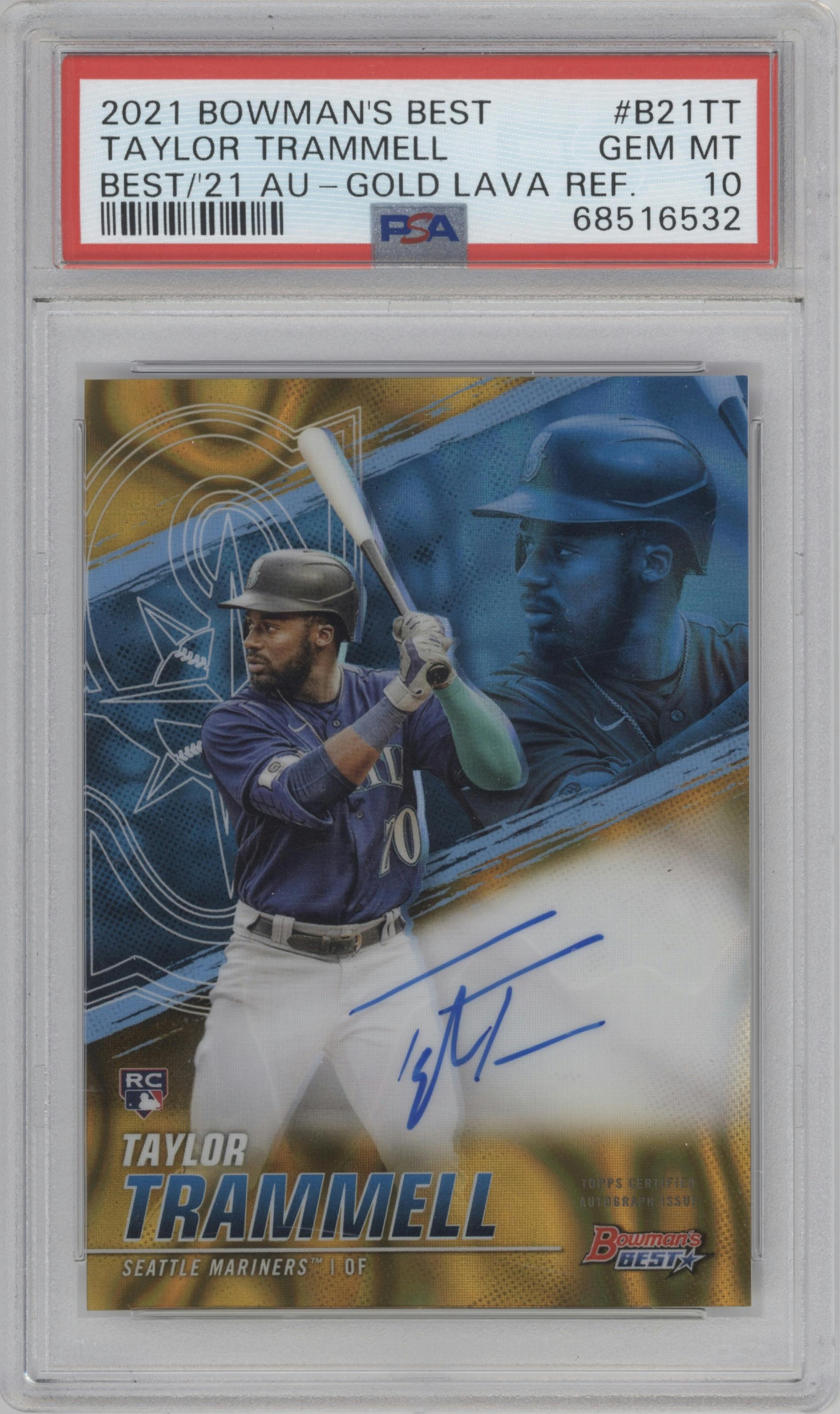 Taylor Trammell from the 2021 Bowman’s Best set featuring a Gold Lava Refractor  parallel graded by PSA and given an overall grade of 10.