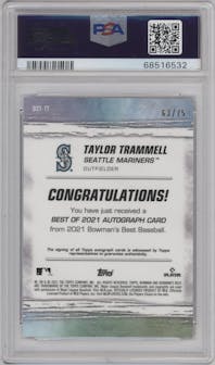 Taylor Trammell from the 2021 Bowman’s Best set featuring a Gold Lava Refractor  parallel graded by PSA and given an overall grade of 10.