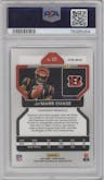 Ja'Marr Chase from the 2021 Panini Prizm set featuring a Silver Prizm parallel graded by PSA and given an overall grade of 9.
