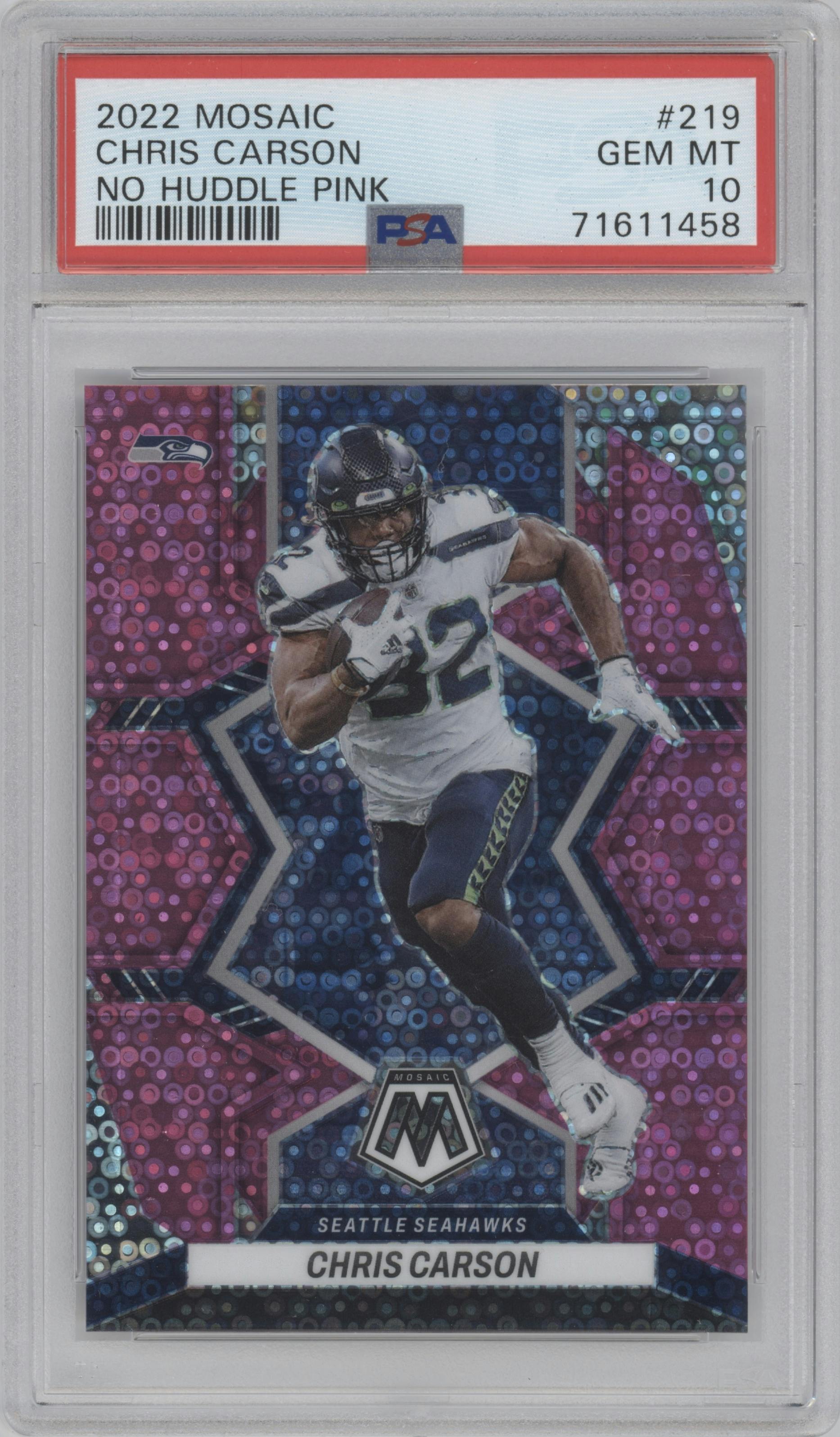 Chris Carson from the 2022 Panini Mosaic set featuring a No Huddle Pink parallel graded by PSA and given an overall grade of 10.