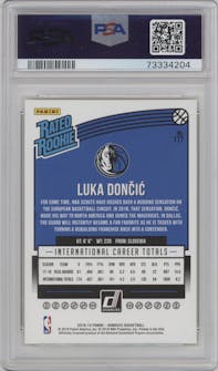 Luka Doncic from the 2018-19 Panini Donruss  set featuring a Yellow Flood parallel graded by PSA and given an overall grade of 10.