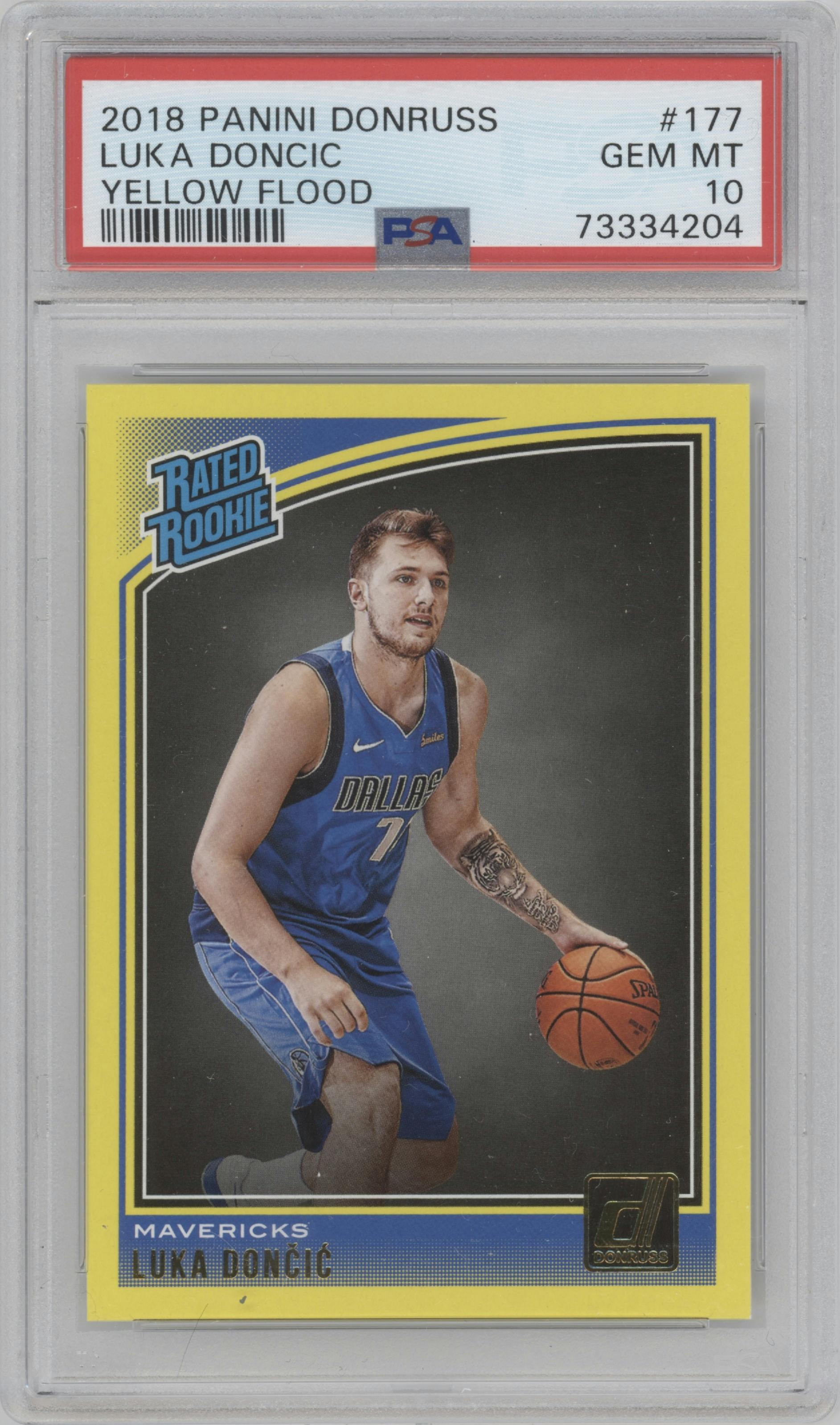 Luka Doncic from the 2018-19 Panini Donruss  set featuring a Yellow Flood parallel graded by PSA and given an overall grade of 10.
