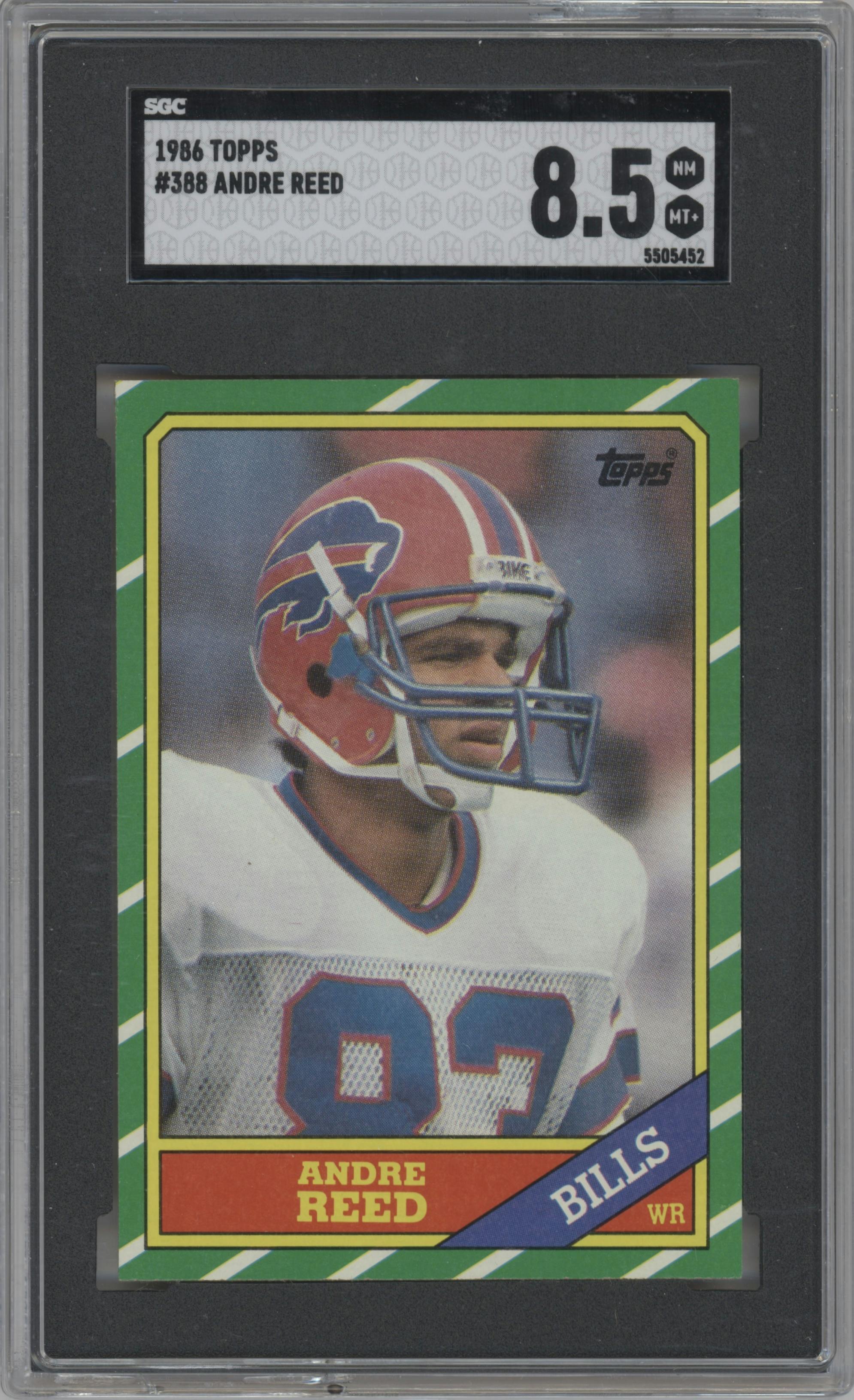 Andre Reed from the 1986 Topps set graded by SGC and given an overall grade of 8.5.