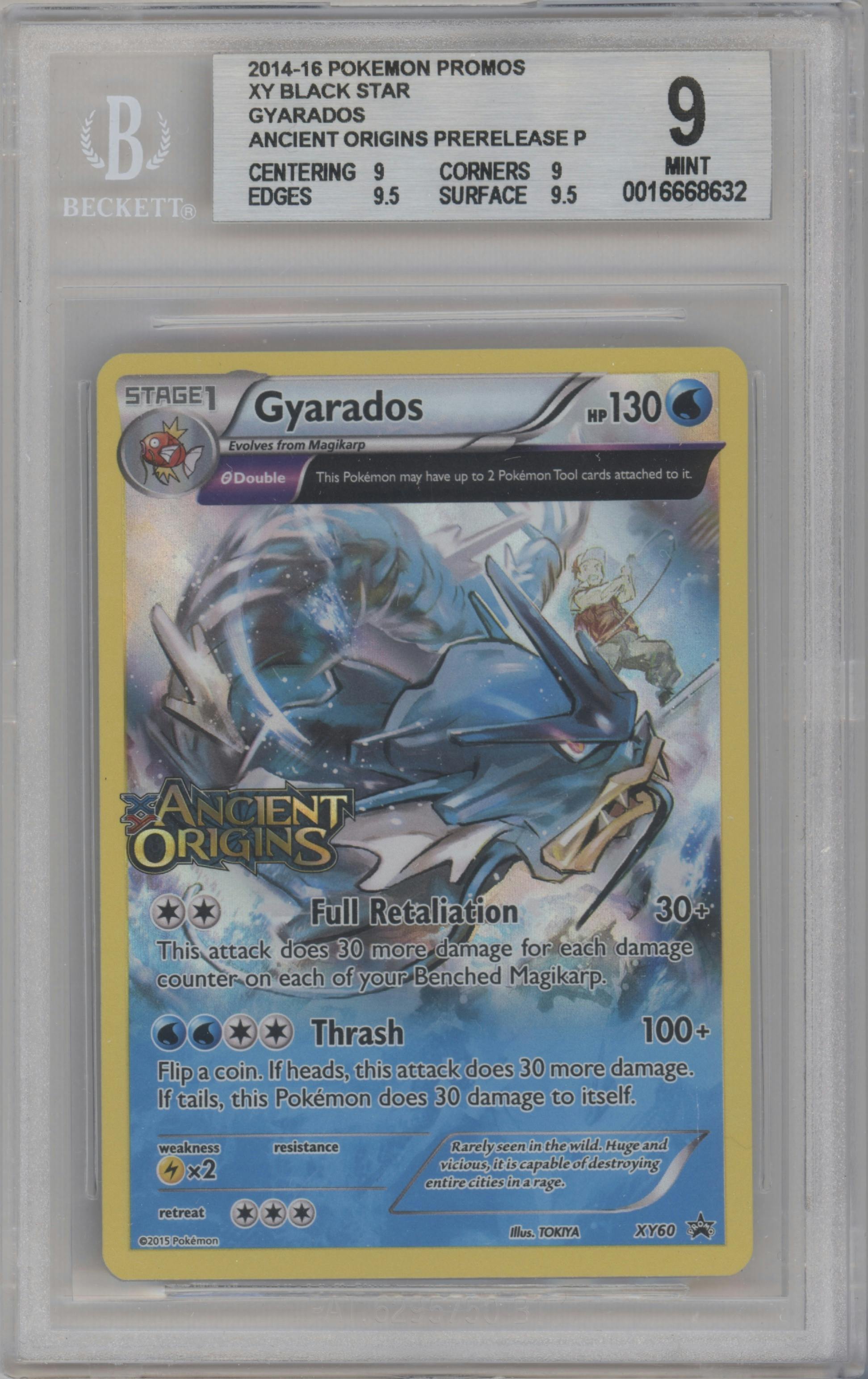 Gyarados from the 2014 Pokemon XY set featuring a Ancient Origins Prerelease parallel graded by Beckett and given an overall grade of 9.