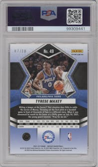 Tyrese Maxey from the 2021-22 Panini Mosaic  set featuring a Fast Break Gold parallel graded by PSA and given an overall grade of 10.
