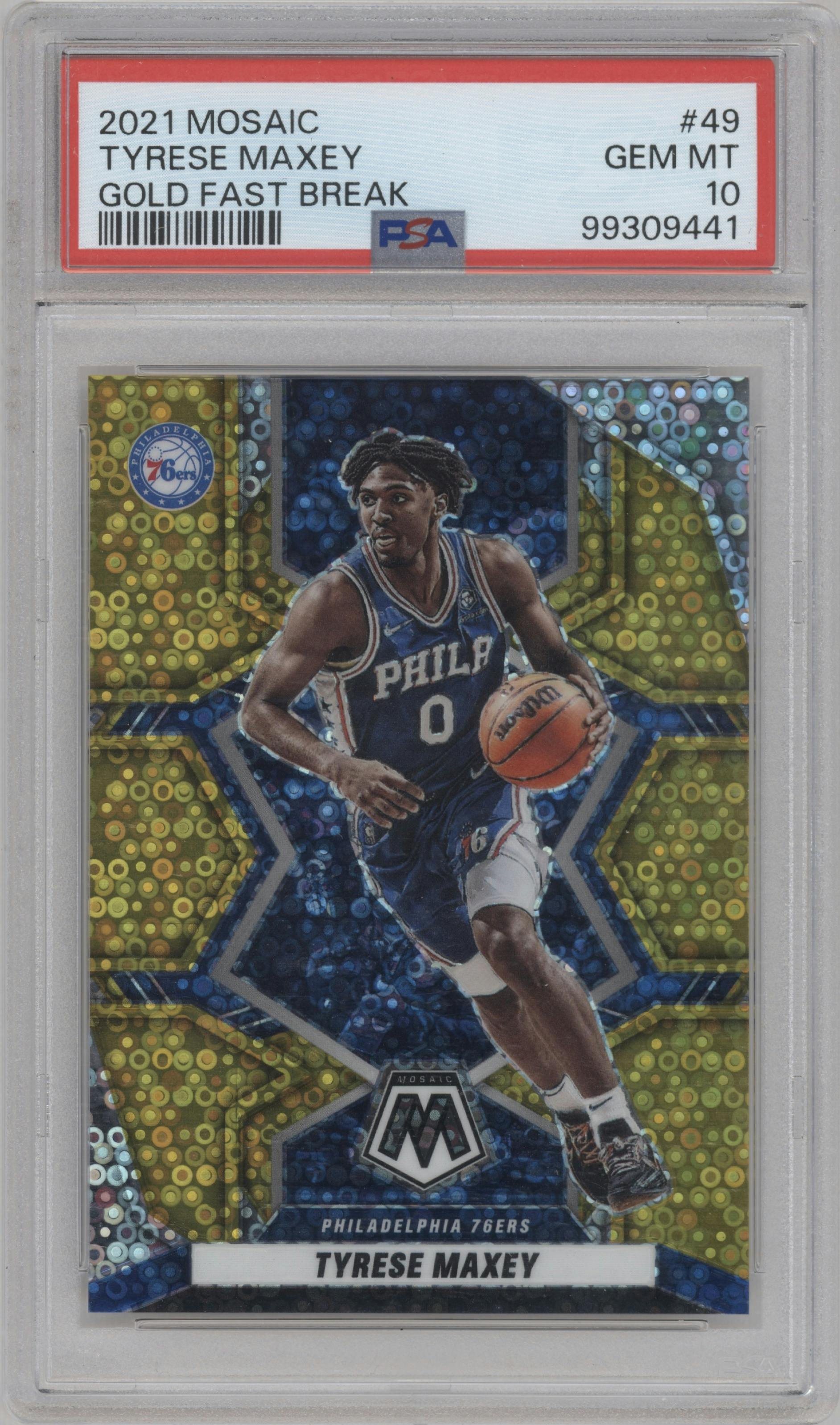 Tyrese Maxey from the 2021-22 Panini Mosaic  set featuring a Fast Break Gold parallel graded by PSA and given an overall grade of 10.