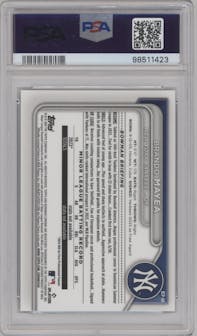 Brando Mayea from the 2024 Bowman set featuring a Green Shimmer Refractor parallel graded by PSA and given an overall grade of 9.