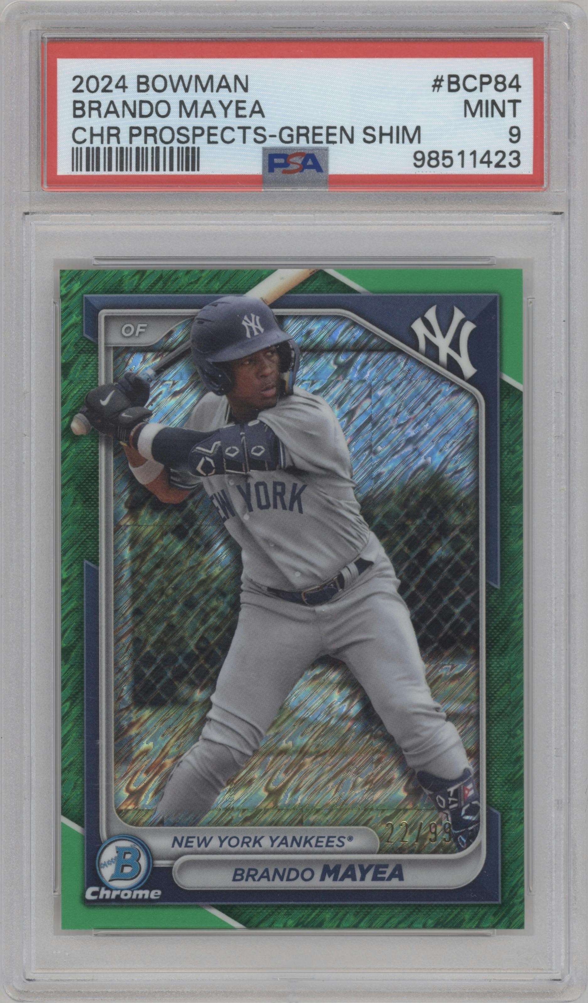 Brando Mayea from the 2024 Bowman set featuring a Green Shimmer Refractor parallel graded by PSA and given an overall grade of 9.