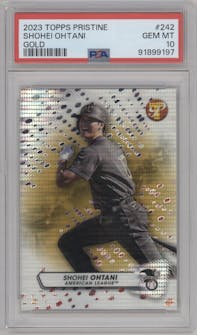 Shohei Ohtani from the 2023 Topps Pristine set featuring a Gold Pristine Ref. parallel graded by PSA and given an overall grade of 10.