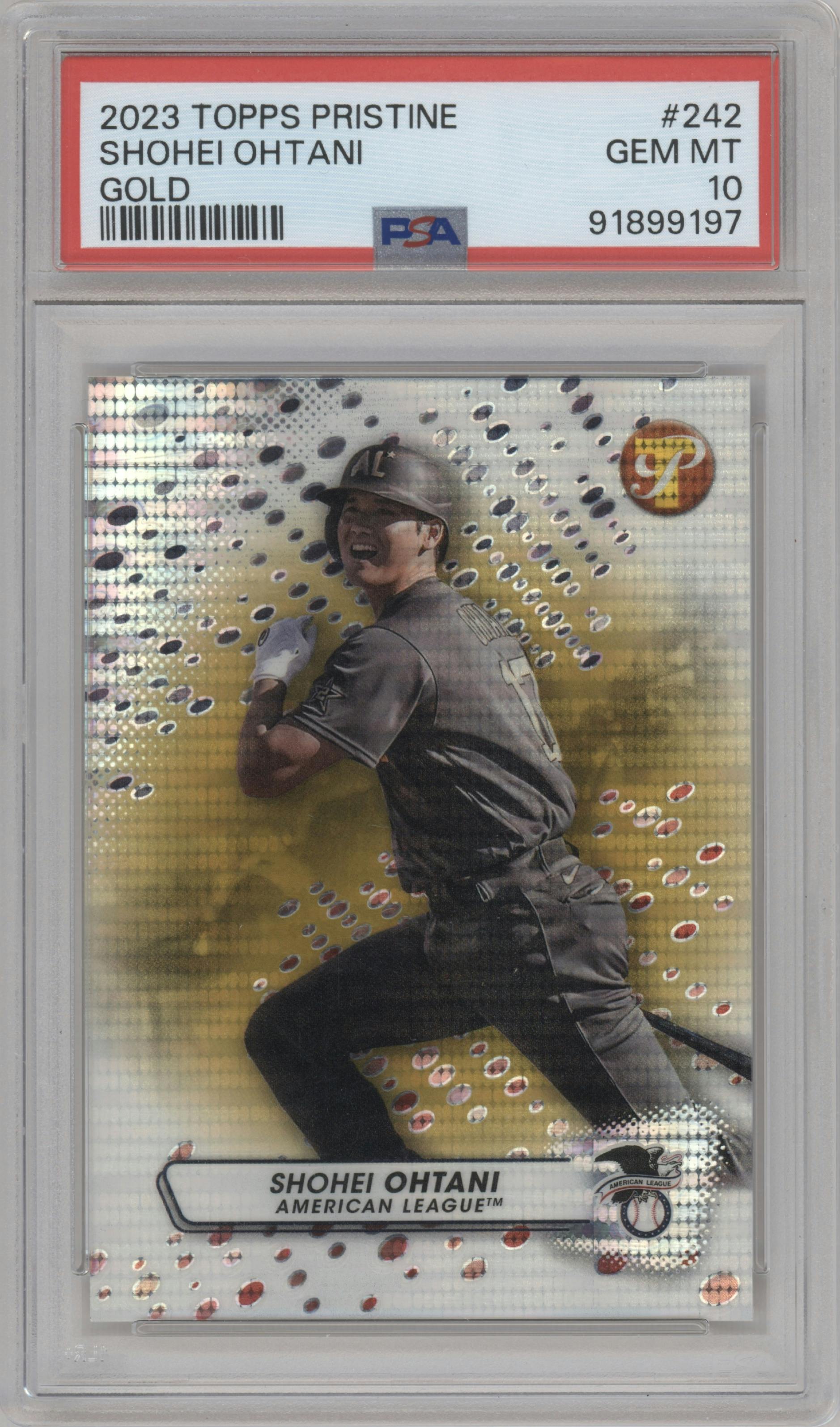 Shohei Ohtani from the 2023 Topps Pristine set featuring a Gold Pristine Ref. parallel graded by PSA and given an overall grade of 10.