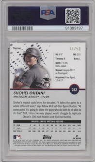 Shohei Ohtani from the 2023 Topps Pristine set featuring a Gold Pristine Ref. parallel graded by PSA and given an overall grade of 10.