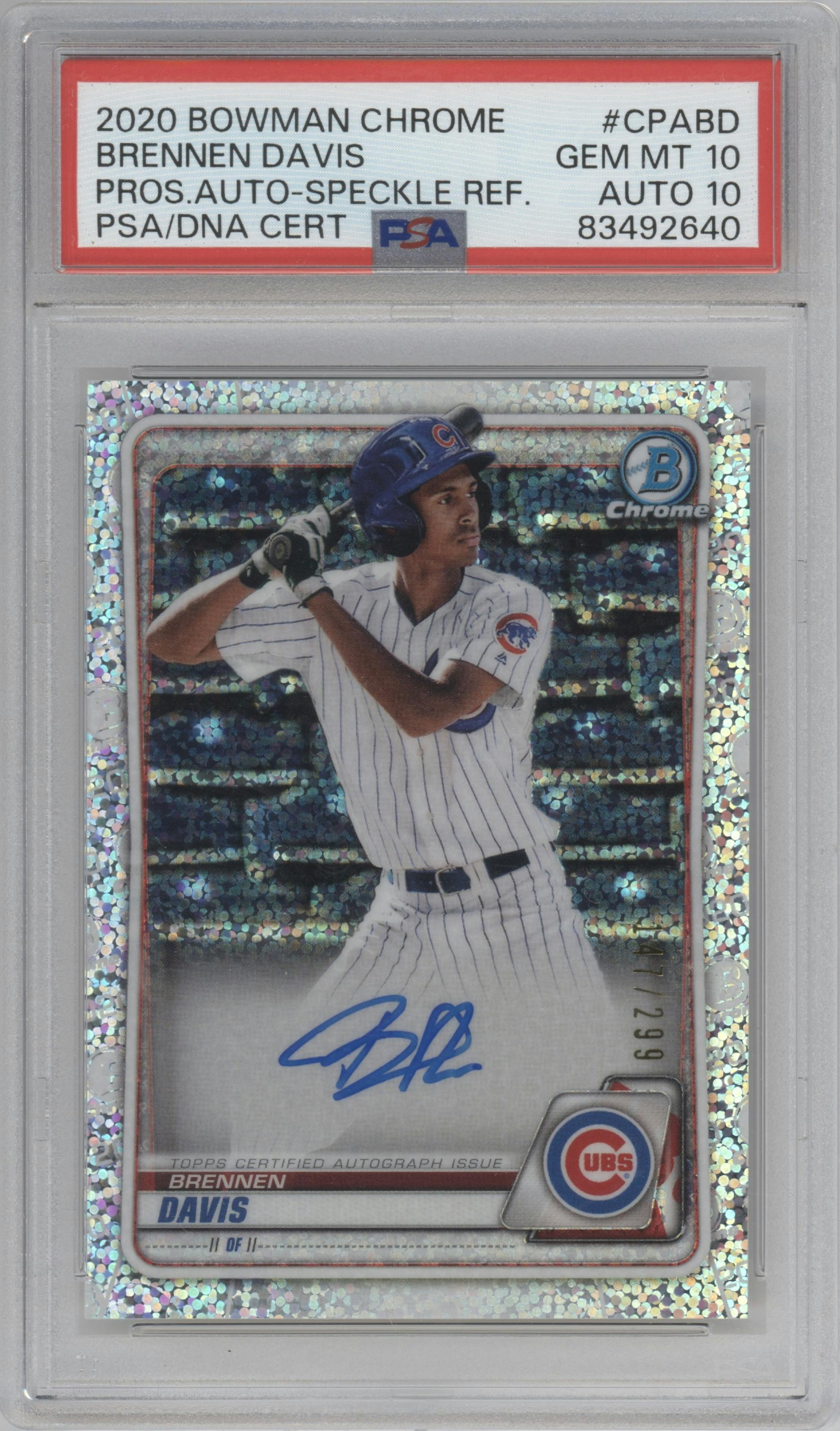 Brennen Davis from the 2020 Bowman set featuring a Speckle Refractor parallel graded by PSA and given an overall grade of 10.