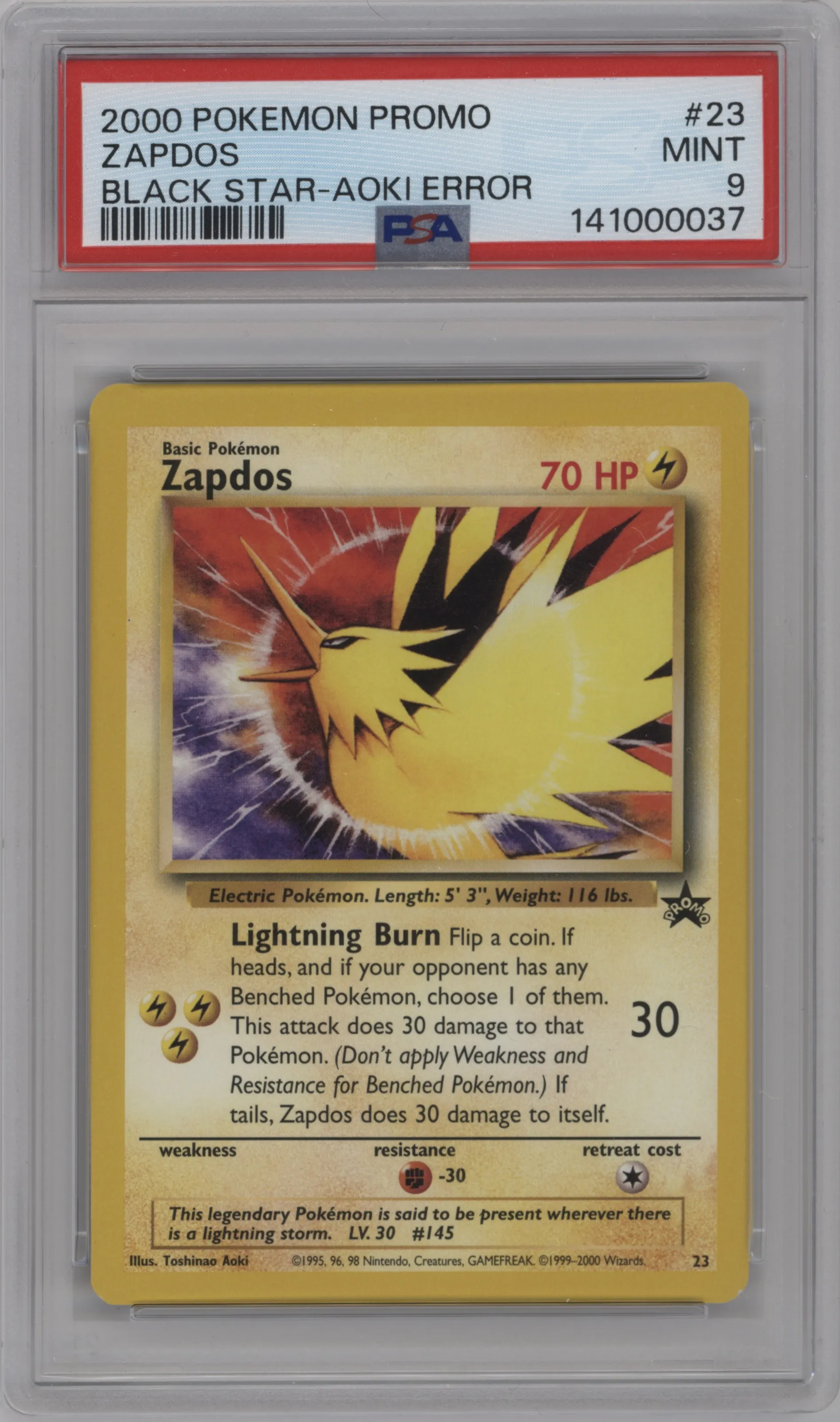 2000 Pokemon WoTC Zapdos Aoki Error PSA 9