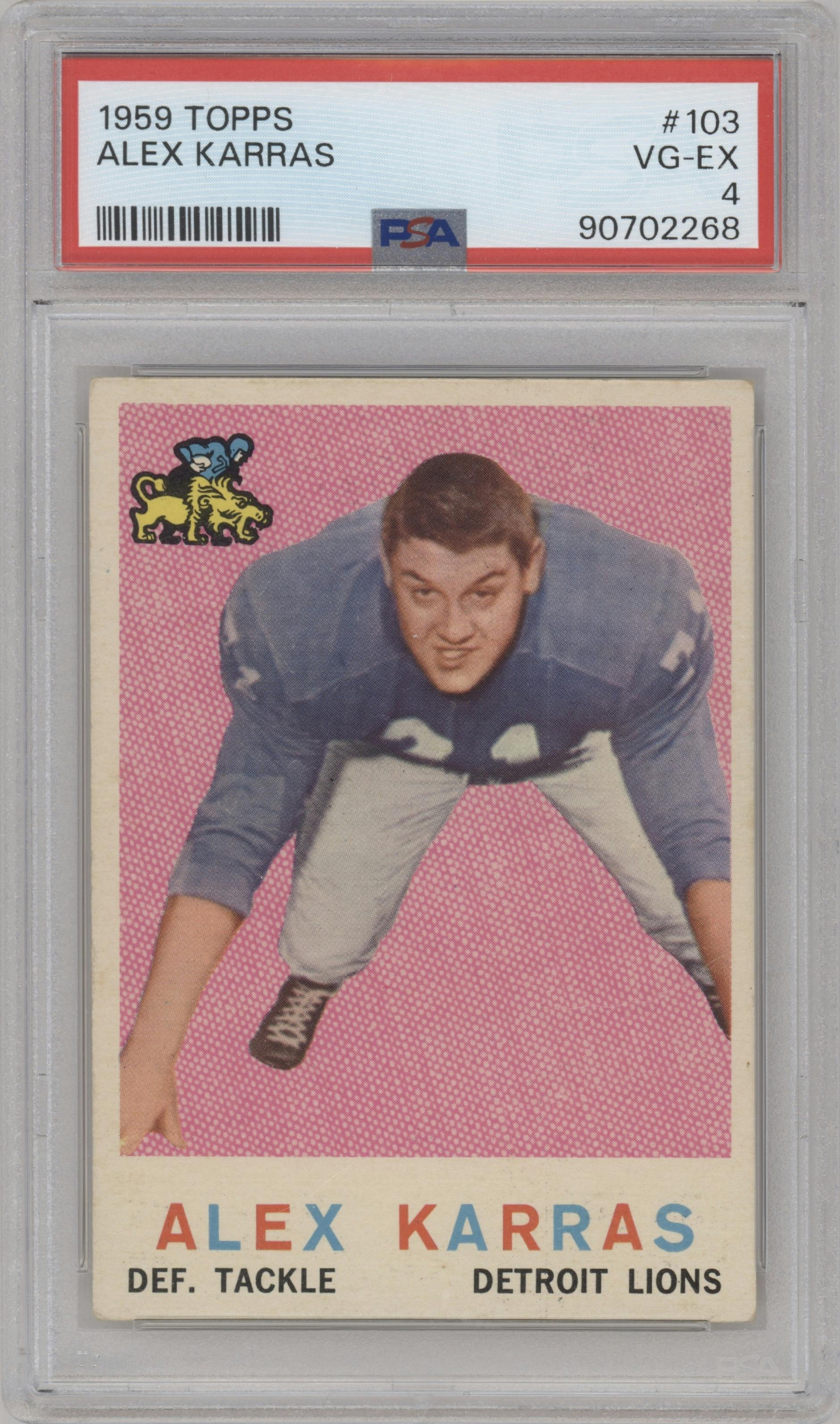 Alex Karras from the 1959 Topps set graded by PSA and given an overall grade of 4.
