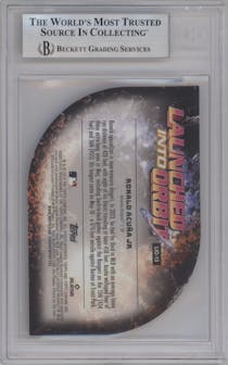 Ronald Acuna Jr. from the 2024 Topps Cosmic Chrome set featuring a Black Eclipse parallel graded by Beckett and given an overall grade of 8.