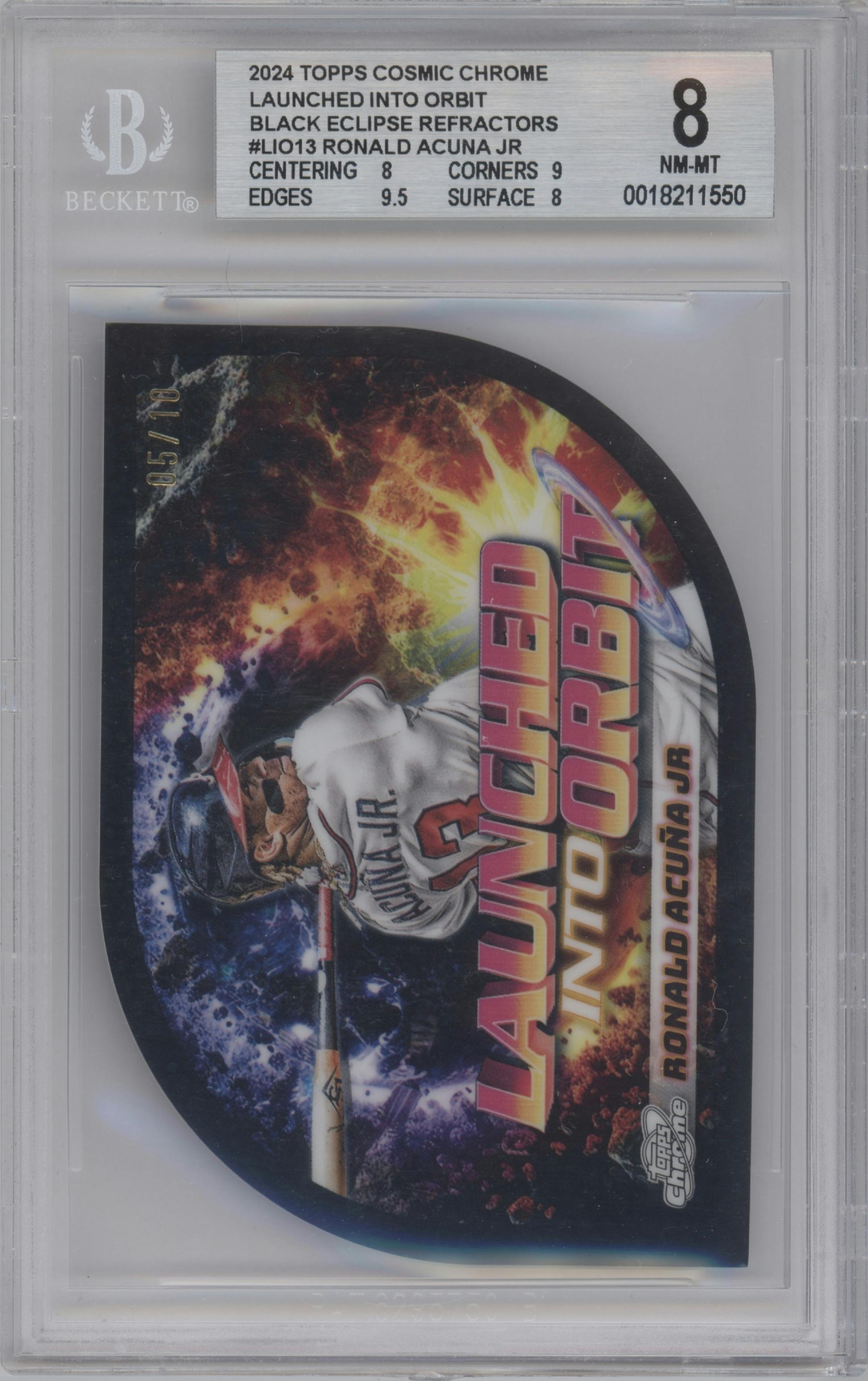 Ronald Acuna Jr. from the 2024 Topps Cosmic Chrome set featuring a Black Eclipse parallel graded by Beckett and given an overall grade of 8.