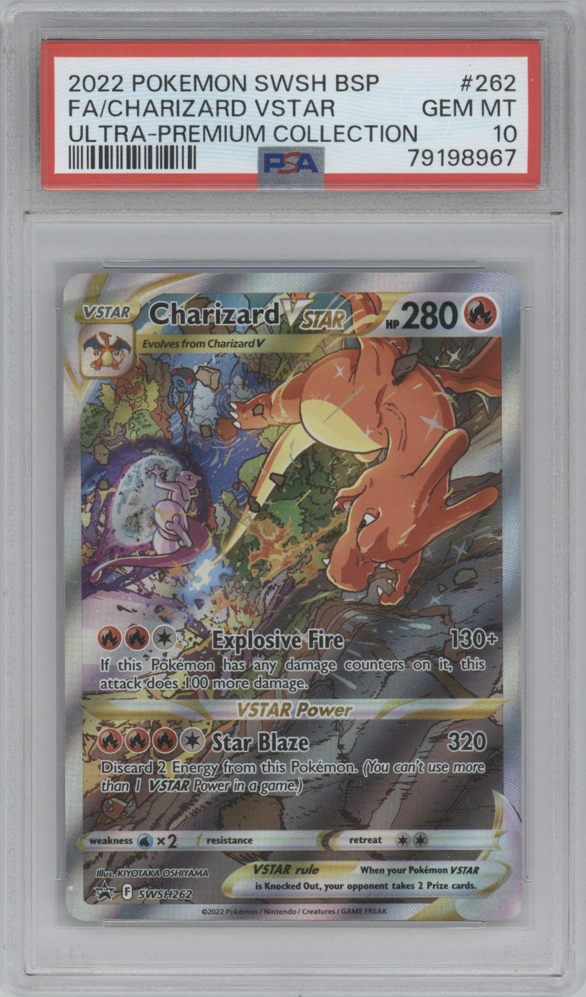Charizard VSTAR from the 2022 Pokemon SWSH set featuring a Ultra Premium Collection parallel graded by PSA and given an overall grade of 10.